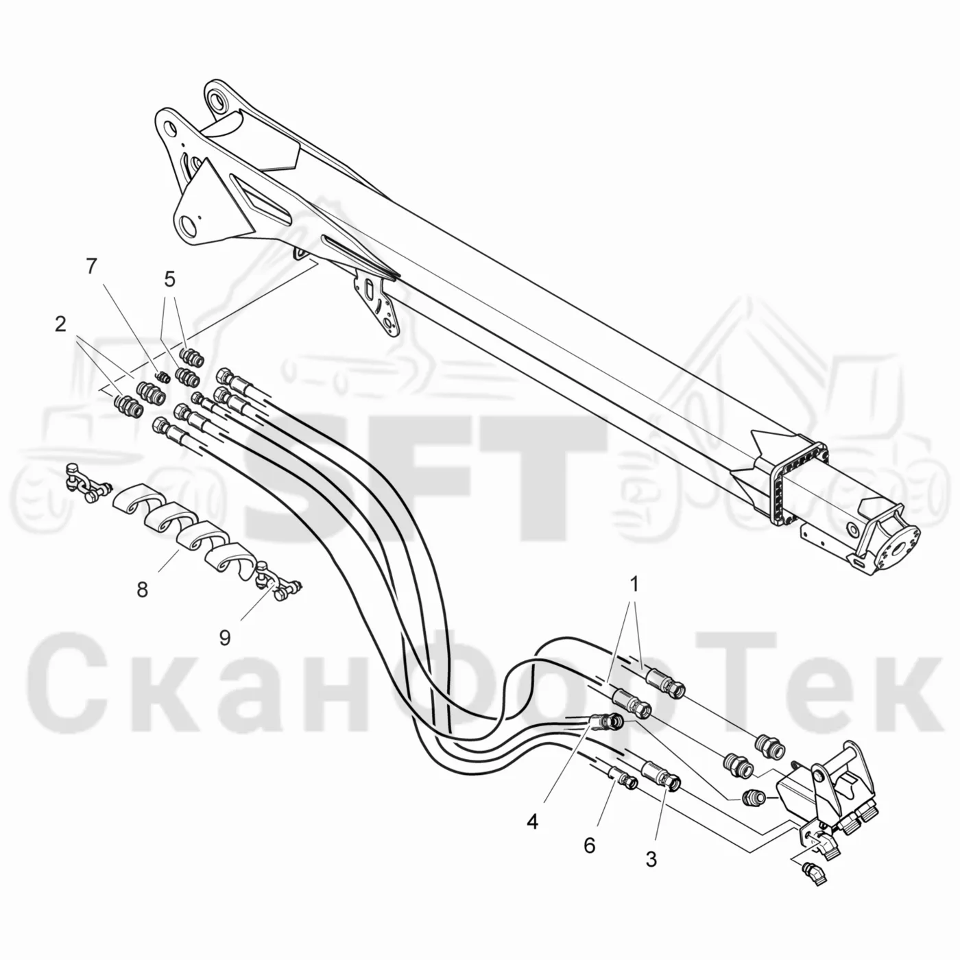 Схема: Valmet / Лесозаготовительные машины / Valmet 901.4 / Valmet 901.4 / Каталог запасных частей / Подъемный кран / Подъемные краны / Valmet CRH 15 Ch. V1190- / Каталог запасных частей / Вторая стрела / Стрела / Элементы гидравлической системы / Трубы и шланги