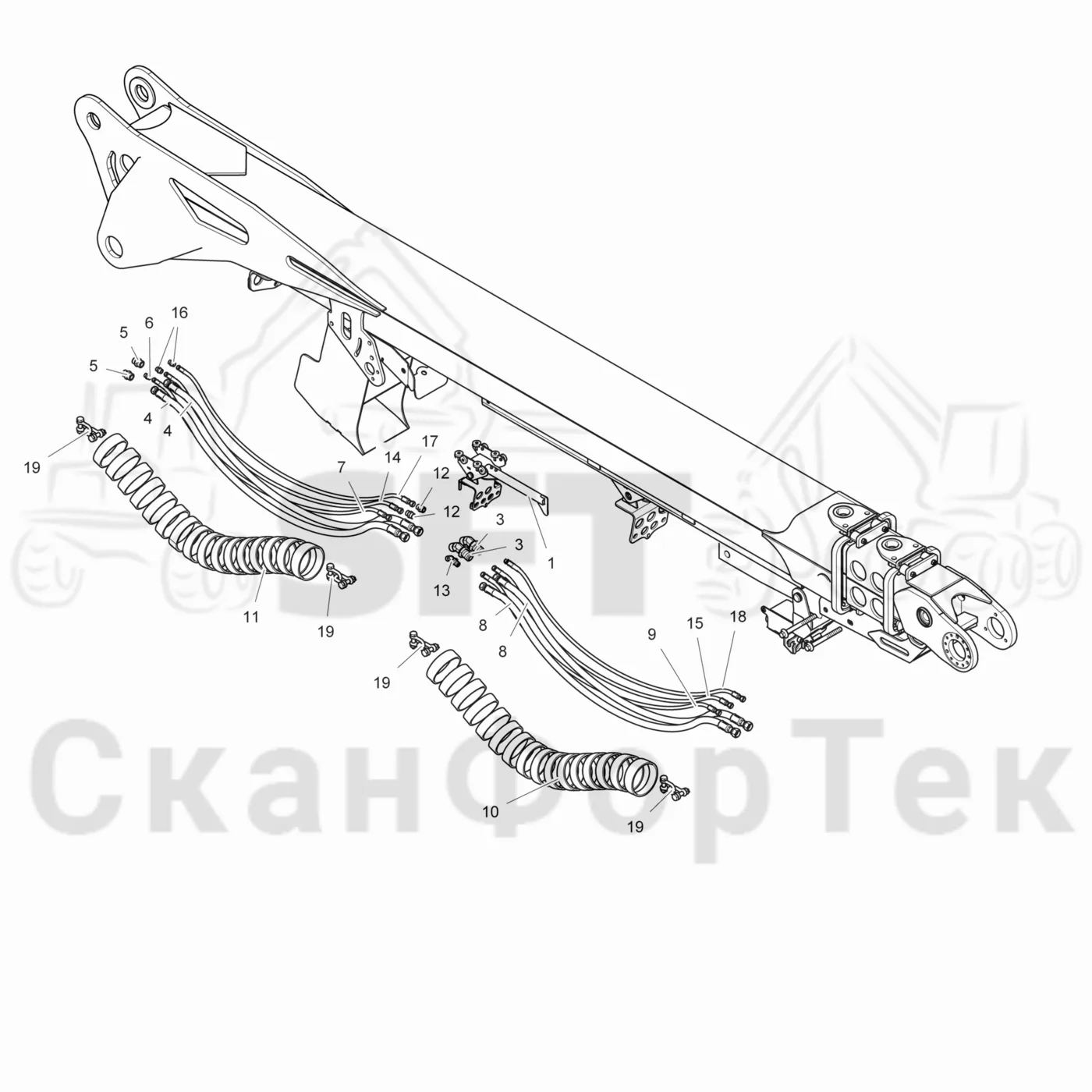 Схема: Valmet / Лесозаготовительные машины / Valmet 901.4 / Valmet 901.4 / Каталог запасных частей / Подъемный кран / Подъемные краны / Valmet CRH 15 Ch. V1190- / Каталог запасных частей / Вторая стрела / Стрела / Элементы гидравлической системы / Трубы и шланги DT