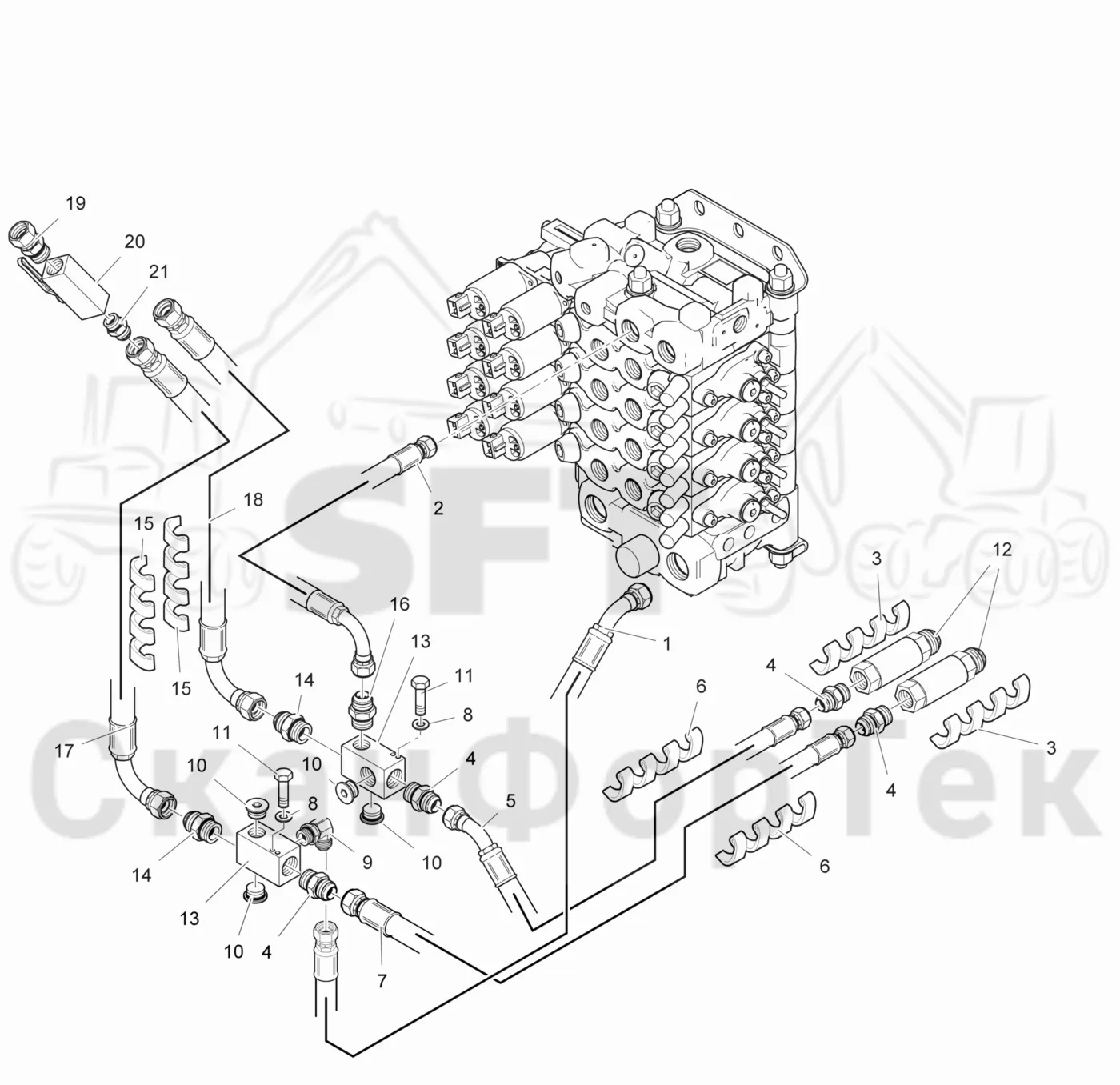 Схема: Valmet / Лесозаготовительные машины / Valmet 911.4 / Valmet 911.4 / Каталог запасных частей / Гидравлика / Клапан подъемного крана / Система впуска-выпуска