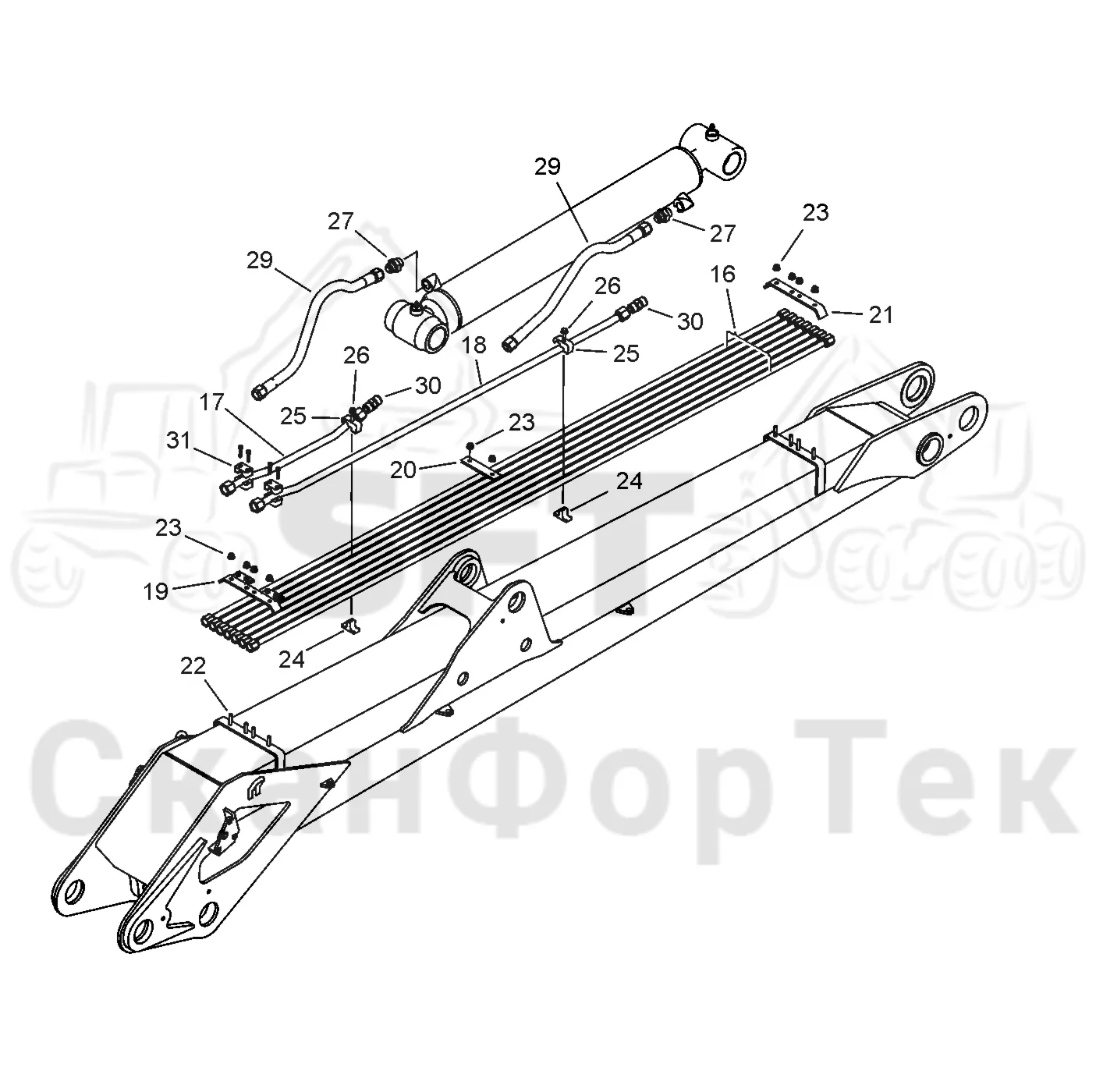Схема: Valmet / Форвардер / Valmet 830.1 / Valmet 830.1 / Каталог запасных частей / Подъемный кран / Подъемный кран / Valmet CRF 5 Ch. V1001- / Каталог запасных частей / Первая стрела / Элементы гидравлической системы / Tele / Tele ProTec / Трубопроводы и шланги 3,2 м