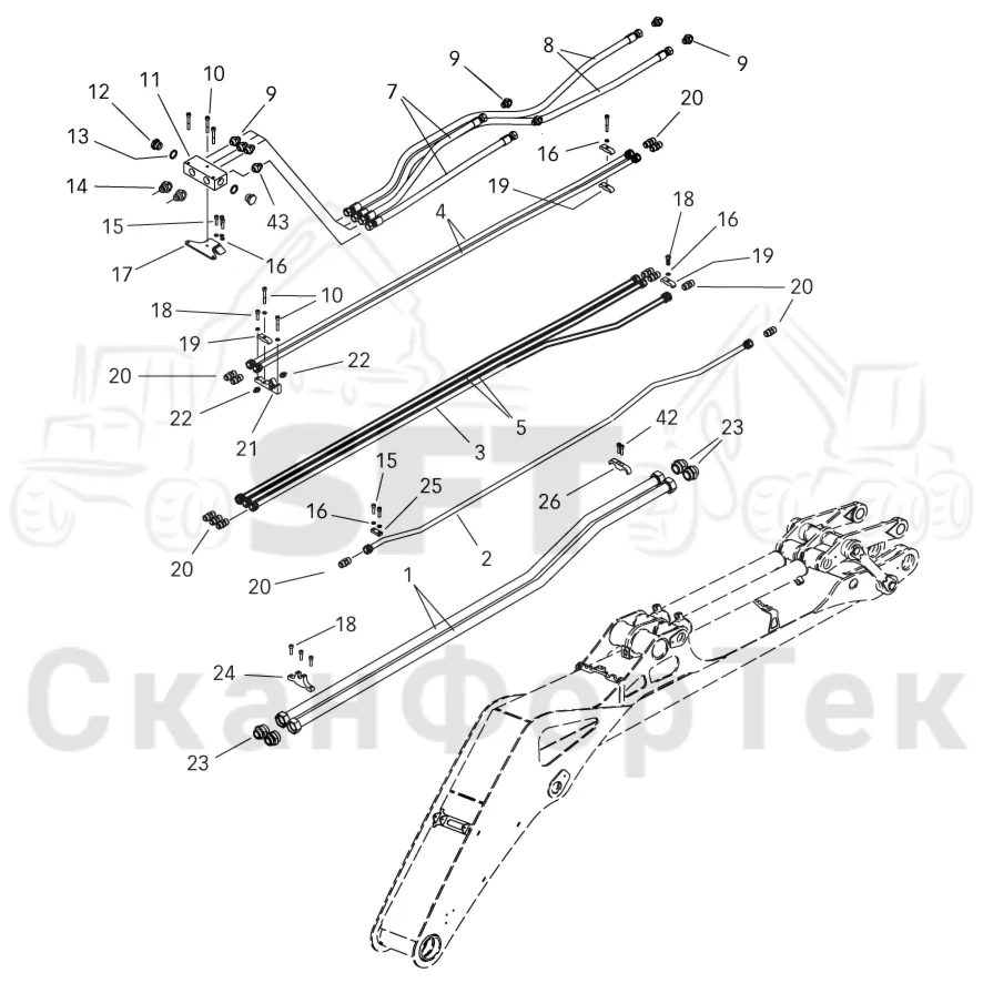 Схема: Valmet / Лесозаготовительные машины / Valmet 941 / Valmet 941 Ch 12071- / Valmet 941 Ch 12071- / Каталог запасных частей / Подъемный кран / Подъемные краны / CRH 24 / CRH 24 / Valmet CRH 24 Ch. V1001- / Каталог запасных частей / Первая стрела / Элементы гидравлической системы / Трубопроводы и шланги 8 m