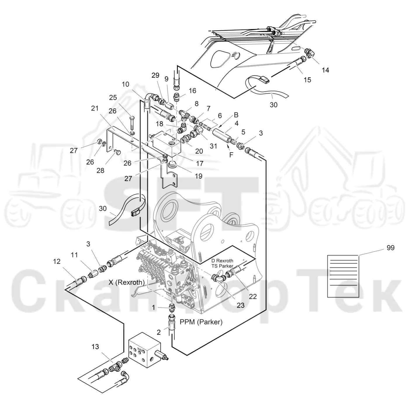 Схема: Valmet / Лесозаготовительные машины / Valmet 941 / Valmet 941 Ch 12071- / Valmet 941 Ch 12071- / Каталог запасных частей / Подъемный кран / Подъемные краны / CRH 24 / CRH 24 / Valmet CRH 24 Ch. V1001- / Каталог запасных частей / Вторая стрела / Элементы гидравлической системы / Клапан ограничения давления