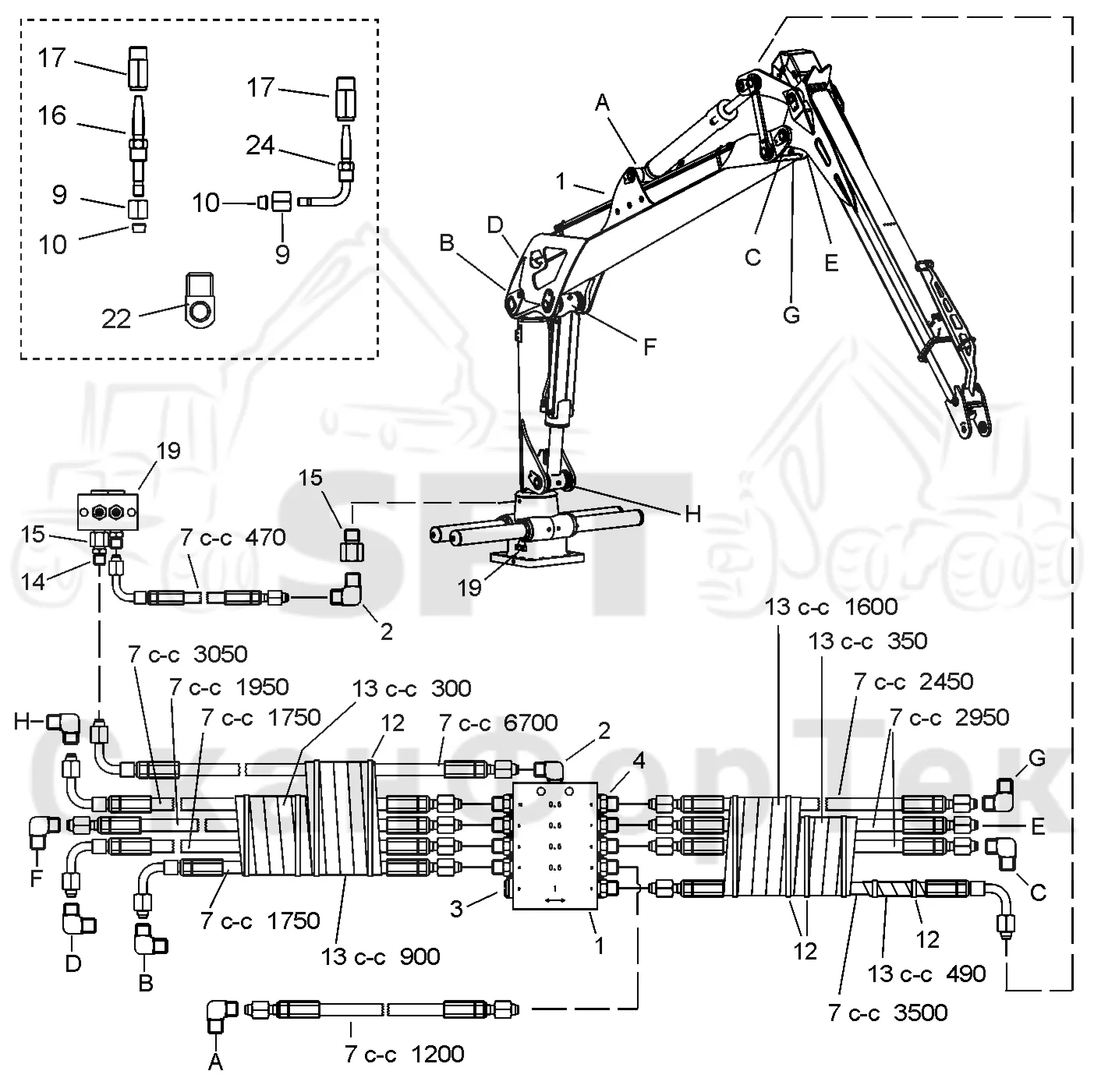 Схема: Valmet / Форвардер / Valmet 860.3 / Valmet 860.3 / Каталог запасных частей / Подъемный кран / Подъемный кран / Valmet CRF 10 Ch. V1001- / Каталог запасных частей / Первая стрела / Оборудование / Смазка / Центральная смазка / Смазка, шасси Combi 10 m
