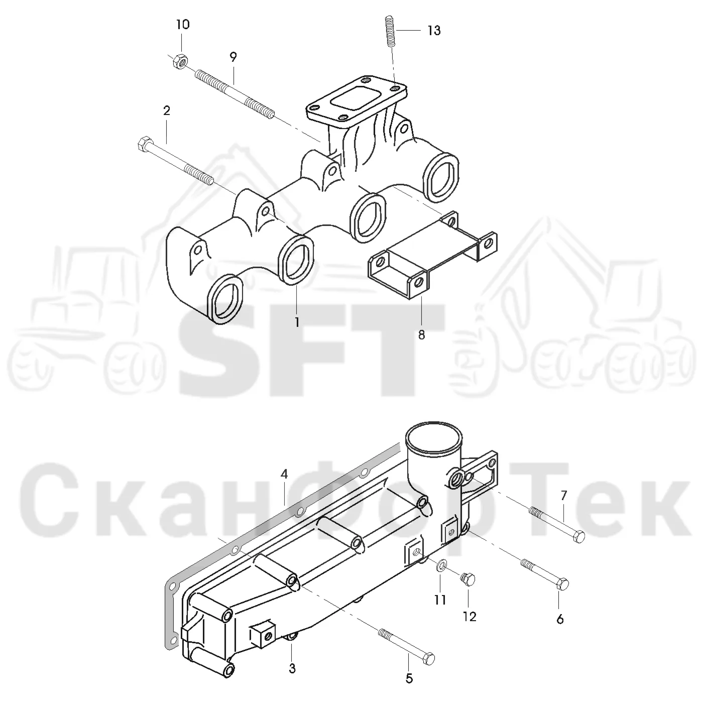Схема: Valmet / Форвардер / Valmet 830 / Valmet 830 / Каталог запасных частей / Двигатель / Впуск - выпуск / Впускной и выпускной коллектор