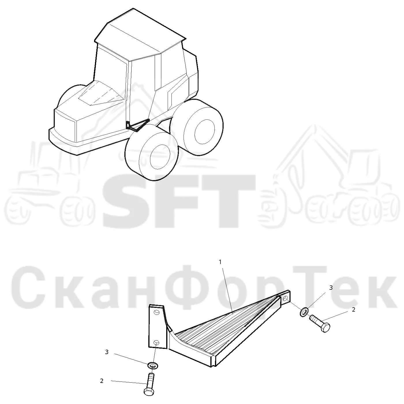 Схема: Valmet / Форвардер / Valmet 890.1 / Valmet 890.1 Ch. 117351-, 119441- / Valmet 890.1 Ch. 117351-, 119 / Каталог запасных частей / Кабина / Кабина / Платформа и ступени / Ступень кабины