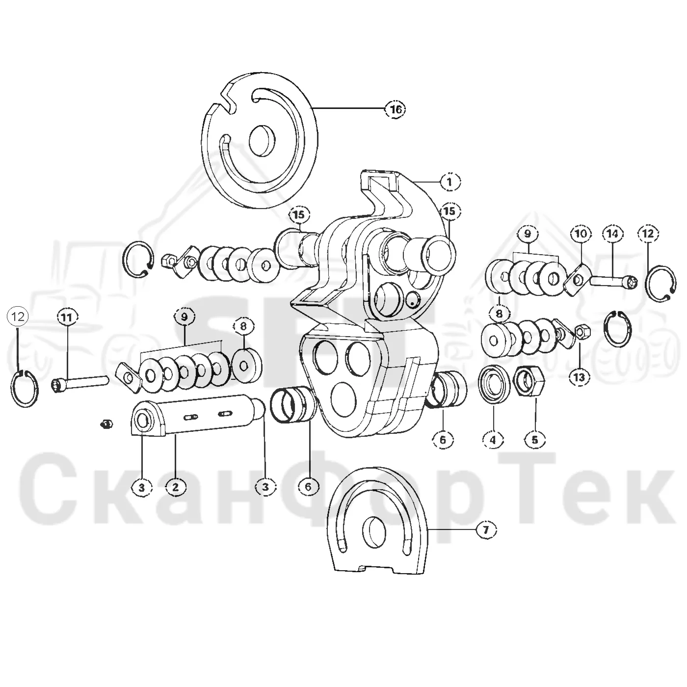 Схема: Valmet / Головки лесозаготовительной машины / Valmet 945 S2 / Valmet 945 S2 / Каталог запасных частей / Valmet 945 S2 / Поворотные устройства и звенья / Демпфер поворота