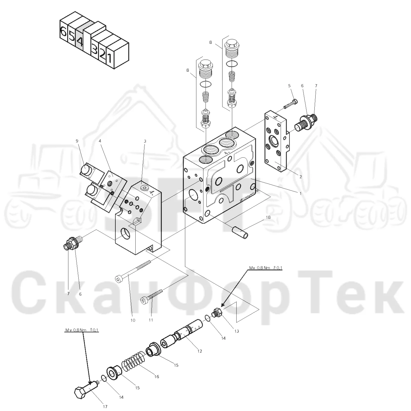 Схема: Valmet / Головки лесозаготовительной машины / Valmet 960 / Valmet 960 / Каталог запасных частей / Valmet 960 / Гидравлический клапан / Клапан, подача