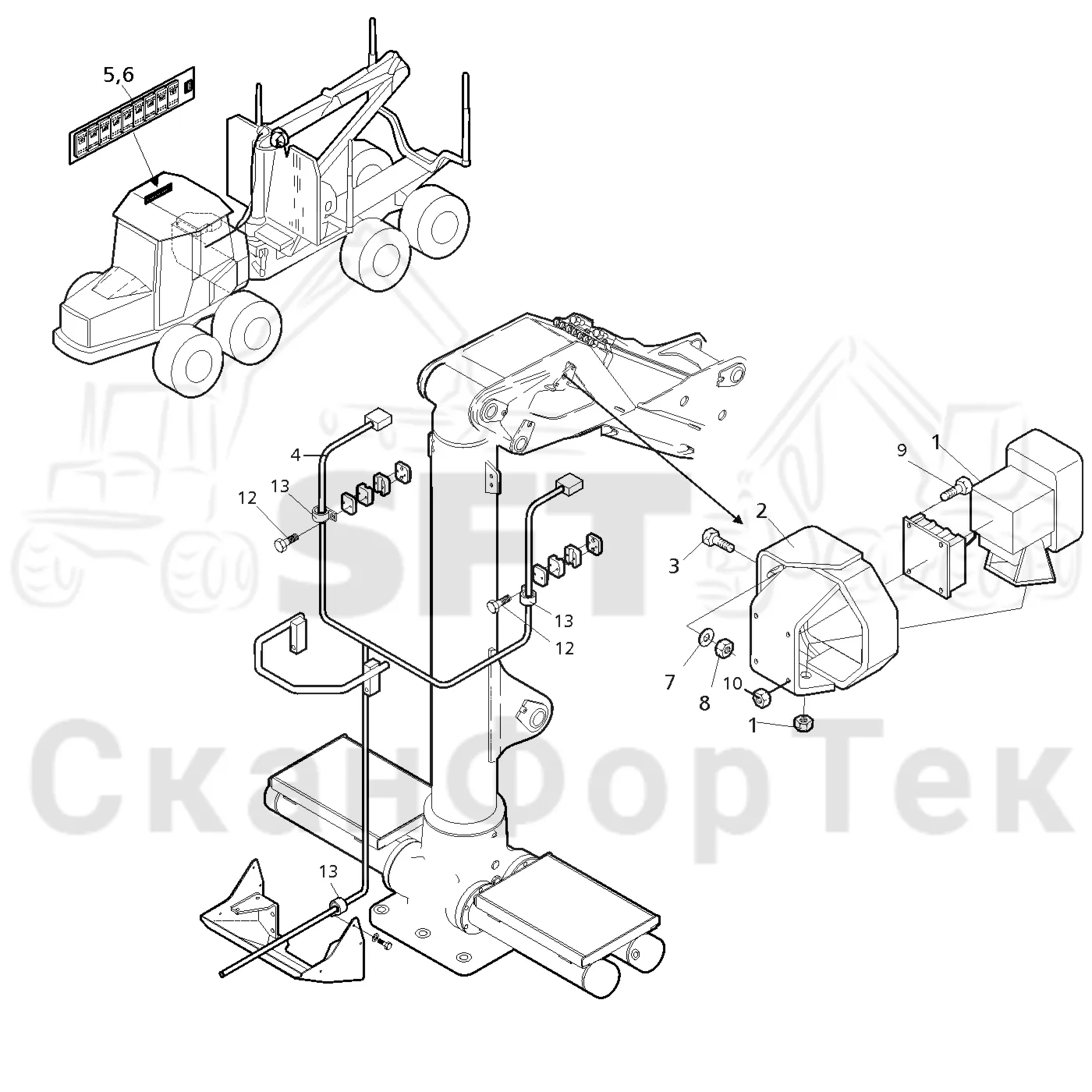 Схема: Valmet / Форвардер / Valmet 830.1 / Valmet 830.1 / Каталог запасных частей / Подъемный кран / Рабочие лампы / ксеноновые / Пост освещения подъемного крана