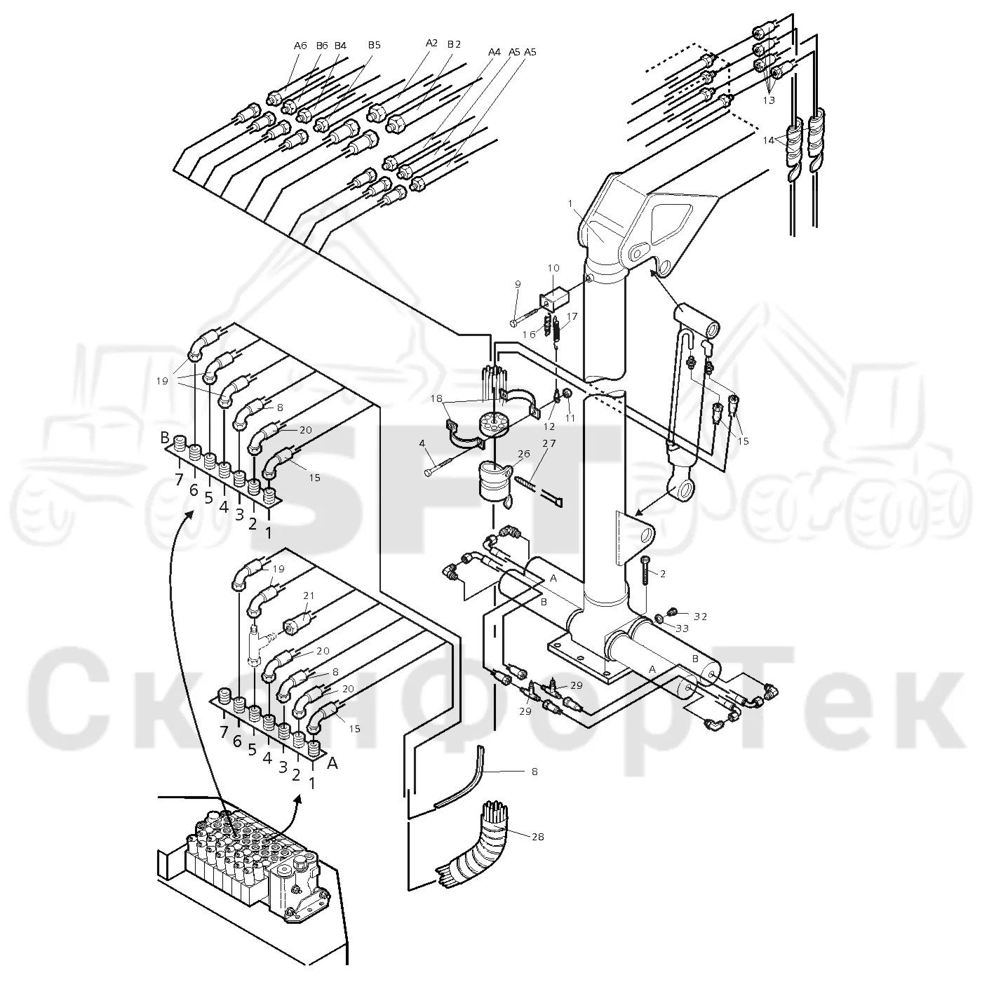 Схема: Valmet / Форвардер / Valmet 890.1 / Valmet 890.1  Ch. -117350, -119440 / Valmet 890.1  Ch. -117350, -11 / Каталог запасных частей / Подъемный кран / Подвод шланга / Подвод шланга к подъемному крану