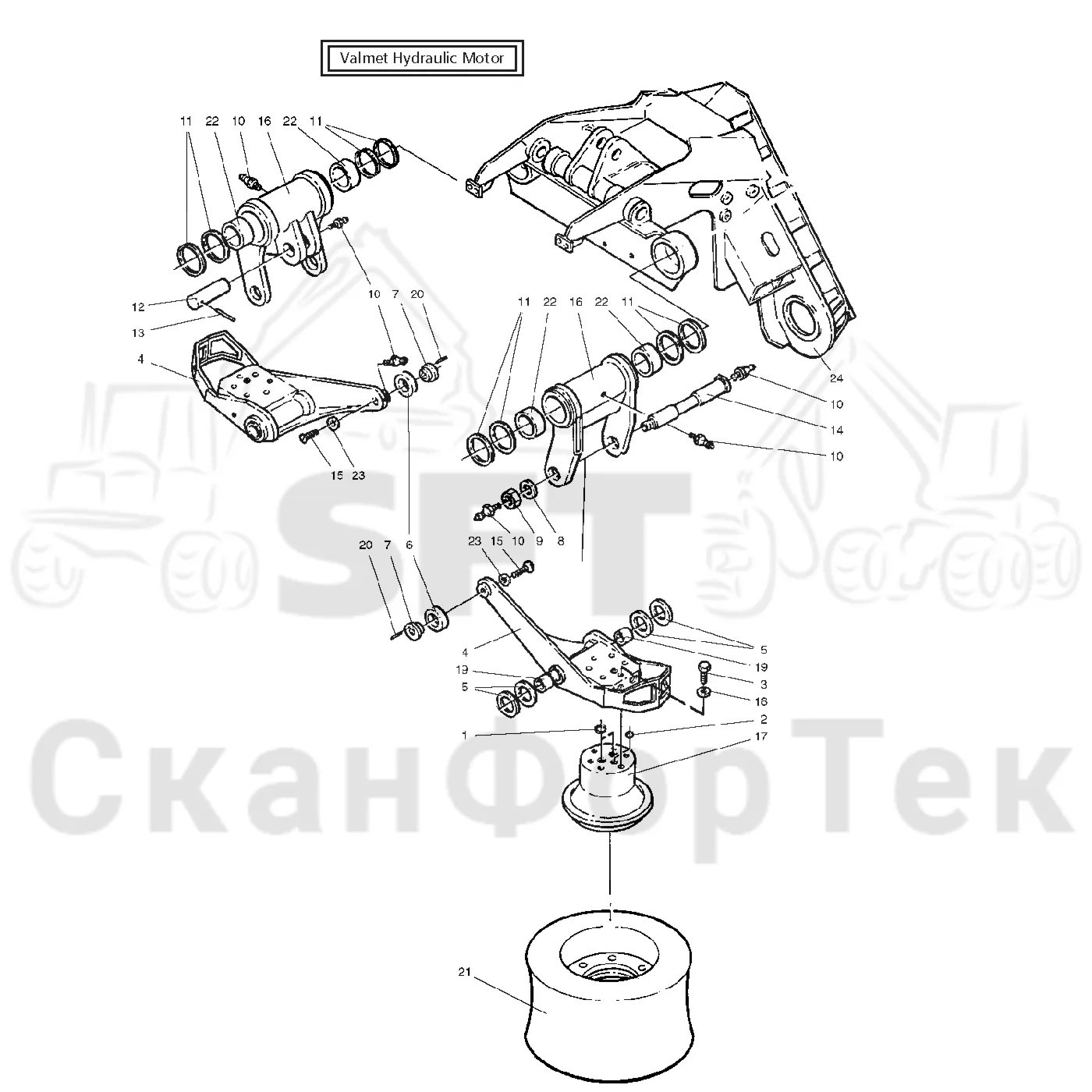 Схема: Valmet / Лесозаготовительные машины / Valmet 921.1 / Valmet 921.1 Ch. -113530 / Valmet 921.1 Ch. -113530 / Каталог запасных частей / Лесозаготовительное оборудование / Головка лесозаготовительной машины / Valmet 960 / Каталог запасных частей / Valmet 960 / Подача / шасси подающего ролика / шасси Valmet