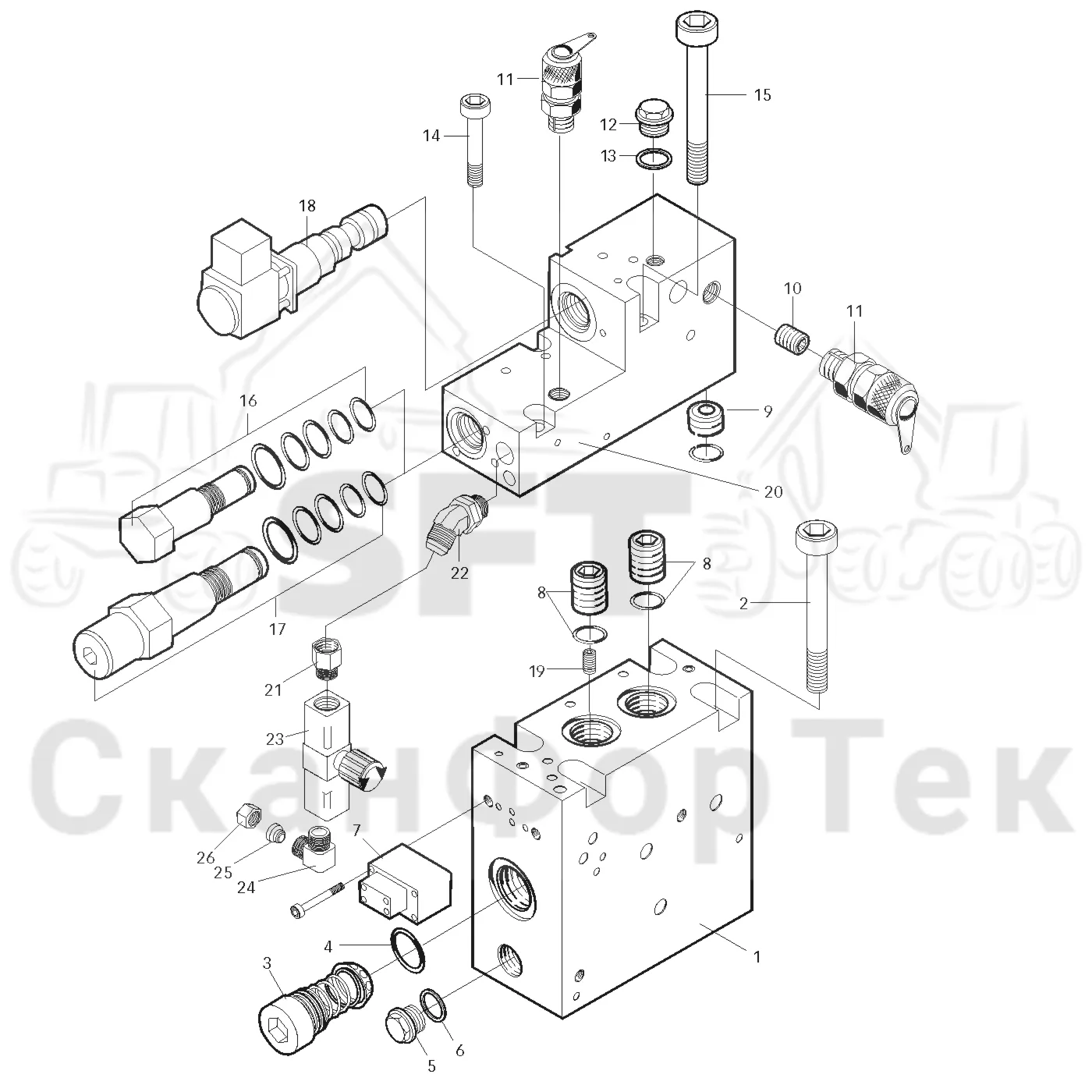 Схема: Valmet / Головки лесозаготовительной машины / Valmet 960 / Valmet 960 / Каталог запасных частей / Valmet 960 / Гидравлический клапан / Впускной-выпускной клапан / Клапан, впуск выпуск, шасси 580-1120