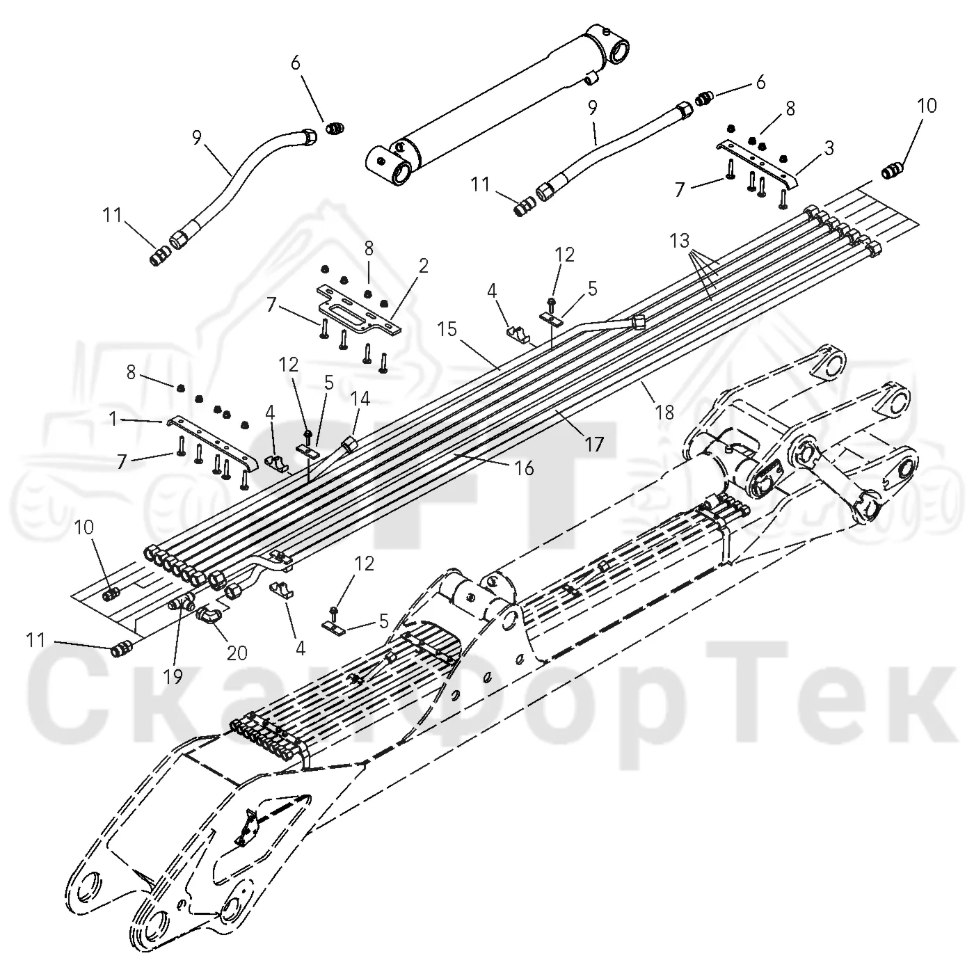 Схема: Valmet / Форвардер / Valmet 890.3 / Valmet 890.3 / Каталог запасных частей / Подъемный кран / Подъемный кран / Valmet CRF 14 Ch. V1001- / Каталог запасных частей / Первая стрела / Элементы гидравлической системы / Трубы и шланги
