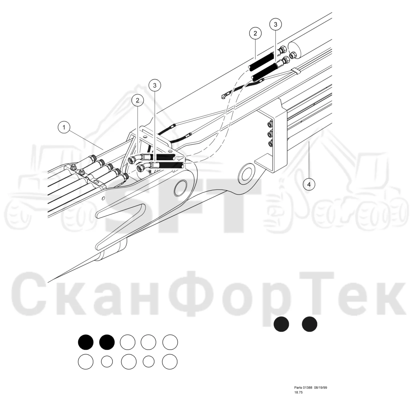 Схема: Valmet / Лесозаготовительные машины / Valmet 901TX / Valmet 901TX / Каталог запасных частей / Тормоза / Тормоза / Warratah & Logmax Processor Hydraulics / Main Boom To Telescopic Cylinder