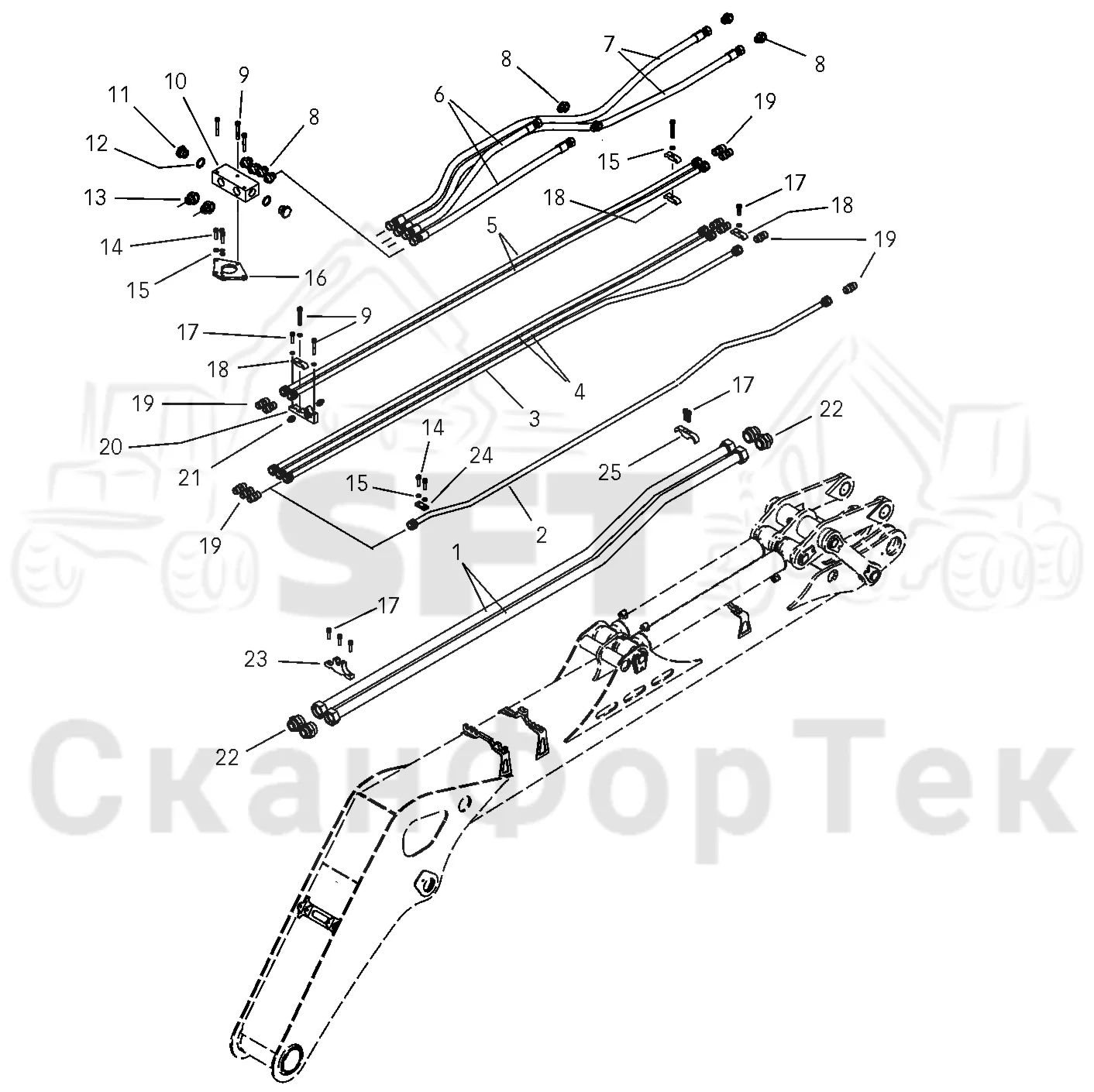 Схема: Valmet / Лесозаготовительные машины / Valmet 941 / Valmet 941 Ch -12070 / Valmet 941 Ch -12070 / Каталог запасных частей / Подъемный кран / Подъемные краны / CRH 24 / Каталог запасных частей / Первая стрела / Элементы гидравлической системы / Трубы и шланги