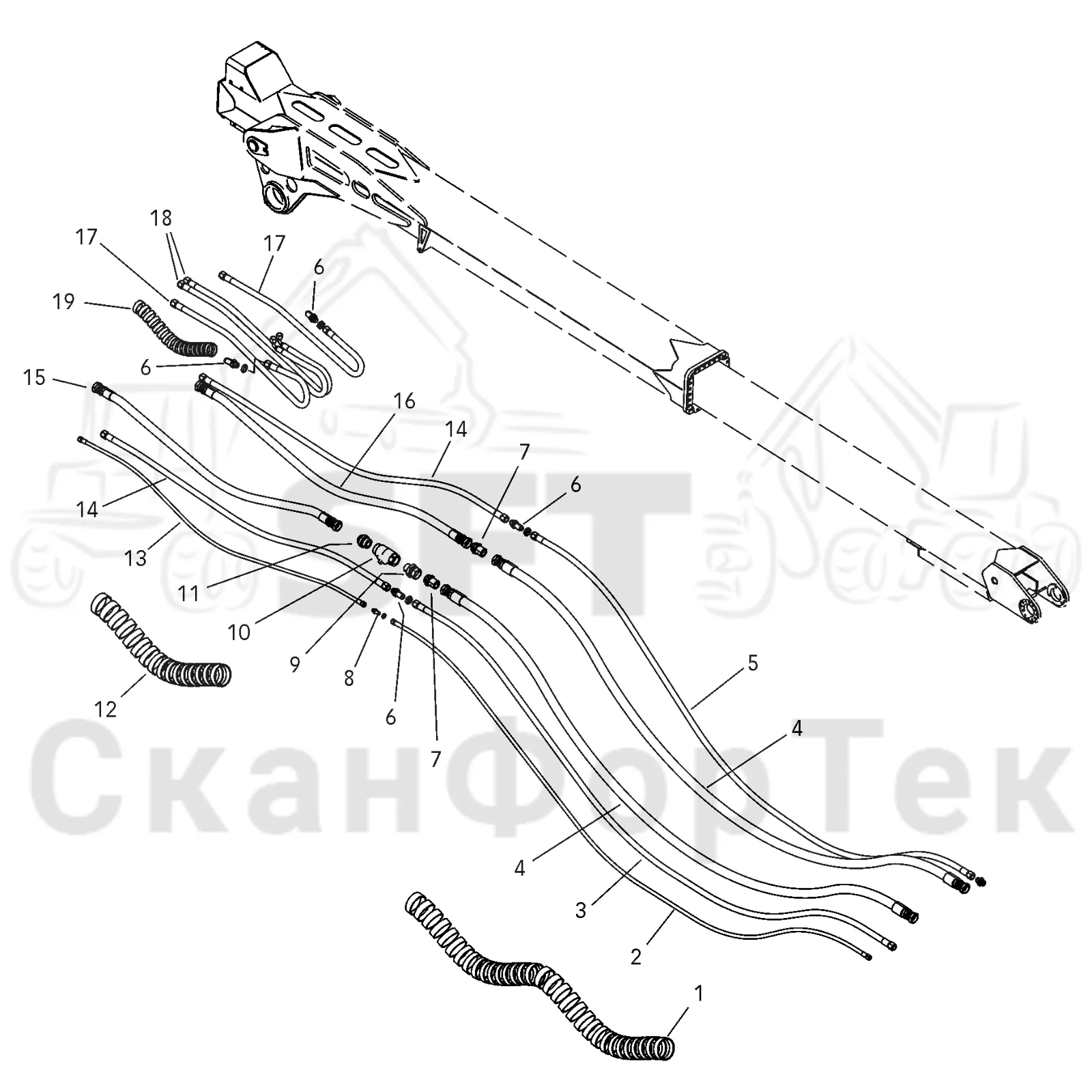 Схема: Valmet / Лесозаготовительные машины / Valmet 941 / Valmet 941 Ch -12070 / Valmet 941 Ch -12070 / Каталог запасных частей / Подъемный кран / Подъемные краны / CRH 24 / Каталог запасных частей / Вторая стрела / Элементы гидравлической системы / Трубы и шланги