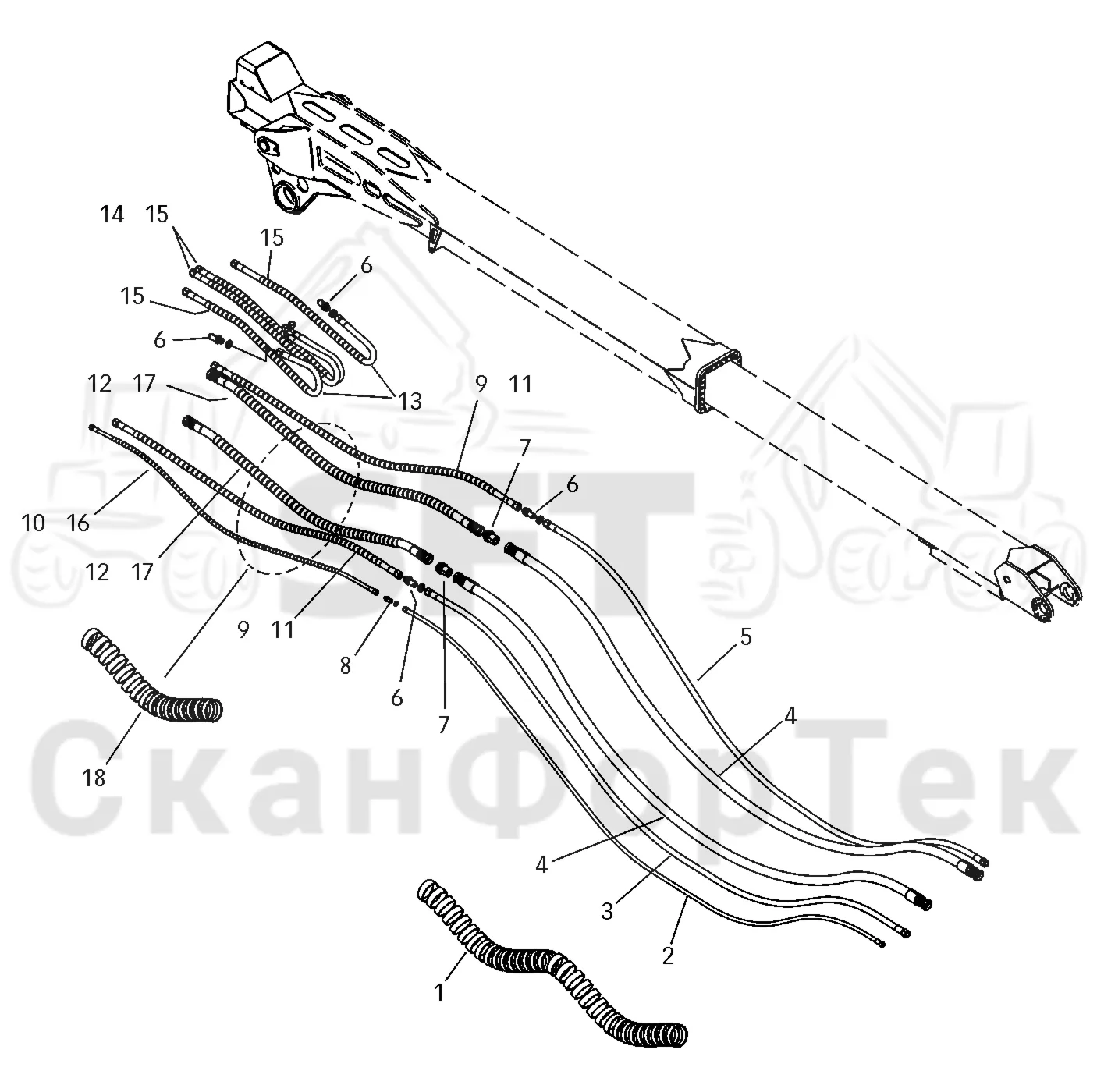 Схема: Valmet / Лесозаготовительные машины / Valmet 941 / Valmet 941 Ch 12071- / Valmet 941 Ch 12071- / Каталог запасных частей / Подъемный кран / Подъемные краны / CRH 24 / CRH 24 / Valmet CRH 24 Ch. V1001- / Каталог запасных частей / Вторая стрела / Элементы гидравлической системы / Трубы и шланги