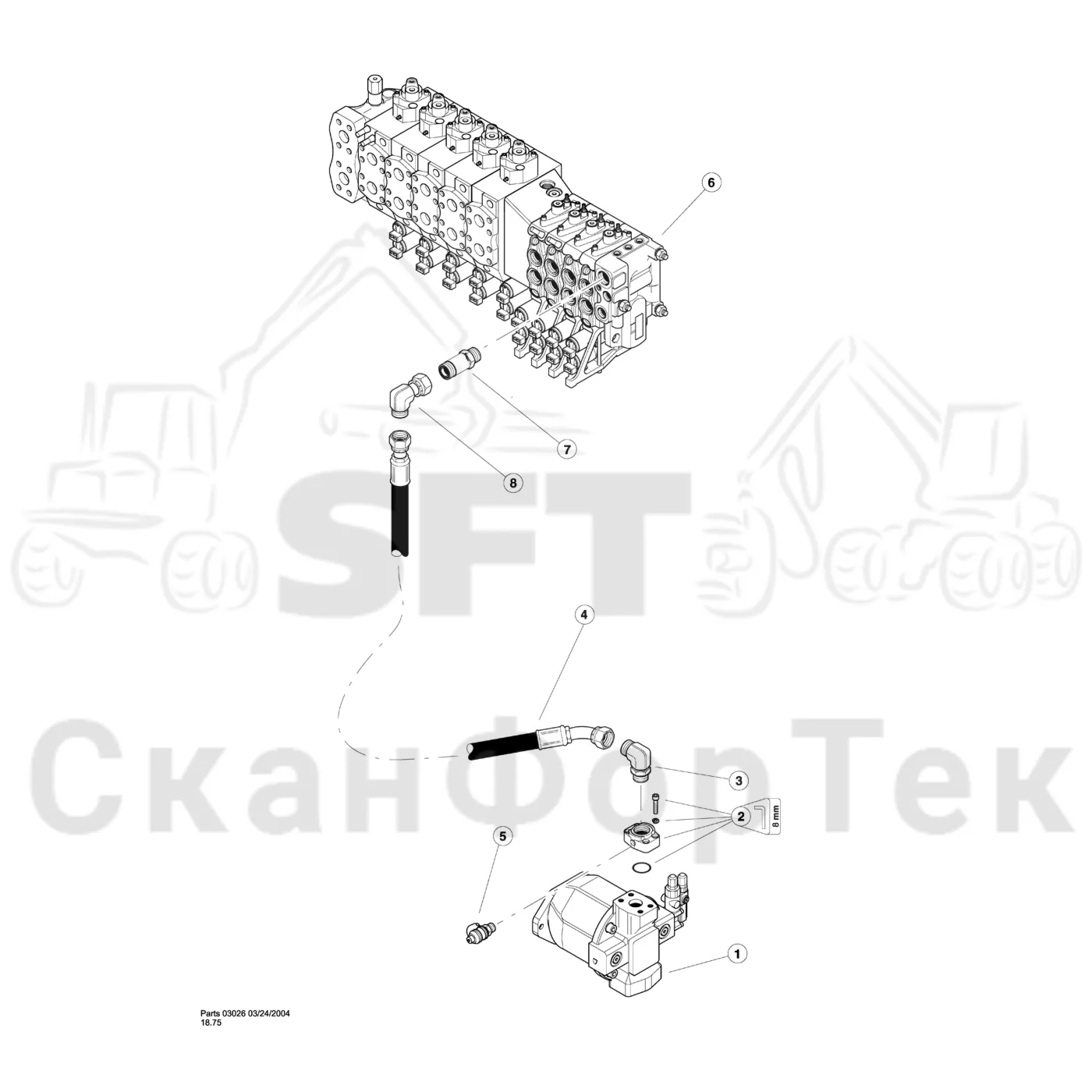 Схема: Valmet / Лесозаготовительные машины / Valmet 901TX / Valmet 901TX / Каталог запасных частей / Тормоза / Тормоза / Combined & Dual Flow Processor Hydraulics / Auxiliary Pump Pressure Lines / Auxiliary Pump Pressure Line - Dual Flow