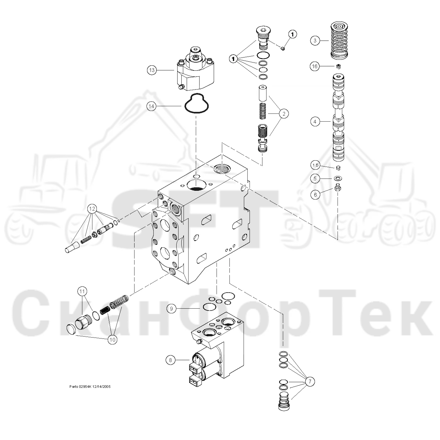 Схема: Valmet / Головки лесозаготовительной машины / Valmet 360 / Valmet 360 Ch. 11481- / Valmet 360 Ch. 11481- / Valmet 360 11481- / Каталог запасных частей / Подача / Accumulator active lifter / Valve Section - Tool Tilt Function