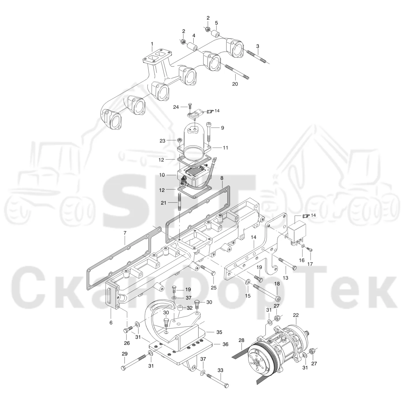 Схема: Komatsu / Форвардер / 890.3 / Каталог запасных частей / Двигатель / Двигатель / Впуск - выпуск / Впускной и выпускной коллектор