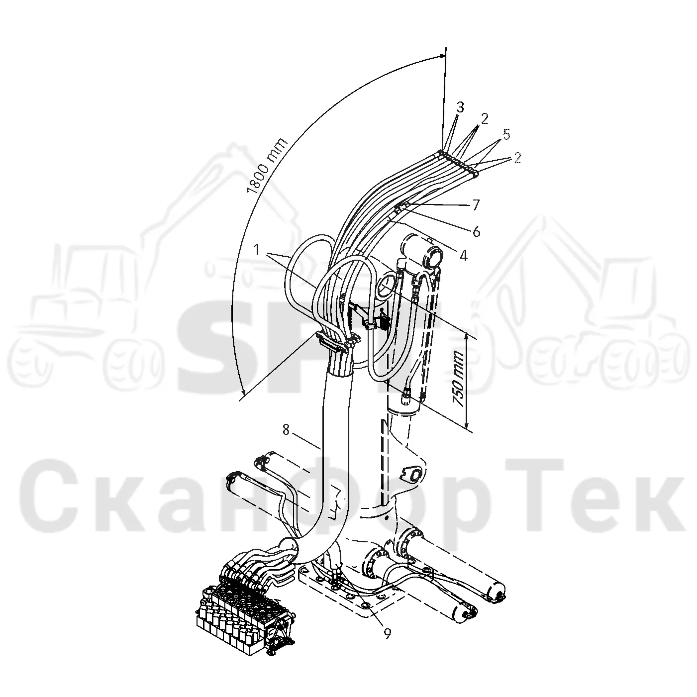 Схема: Valmet / Форвардер / Valmet 890.2 / Valmet 890.2 / Каталог запасных частей / Подъемный кран / Подъемный кран / CRF 14  Ch. -42177 / Каталог запасных частей / Гидравлическая система подачи / Комплект шланга