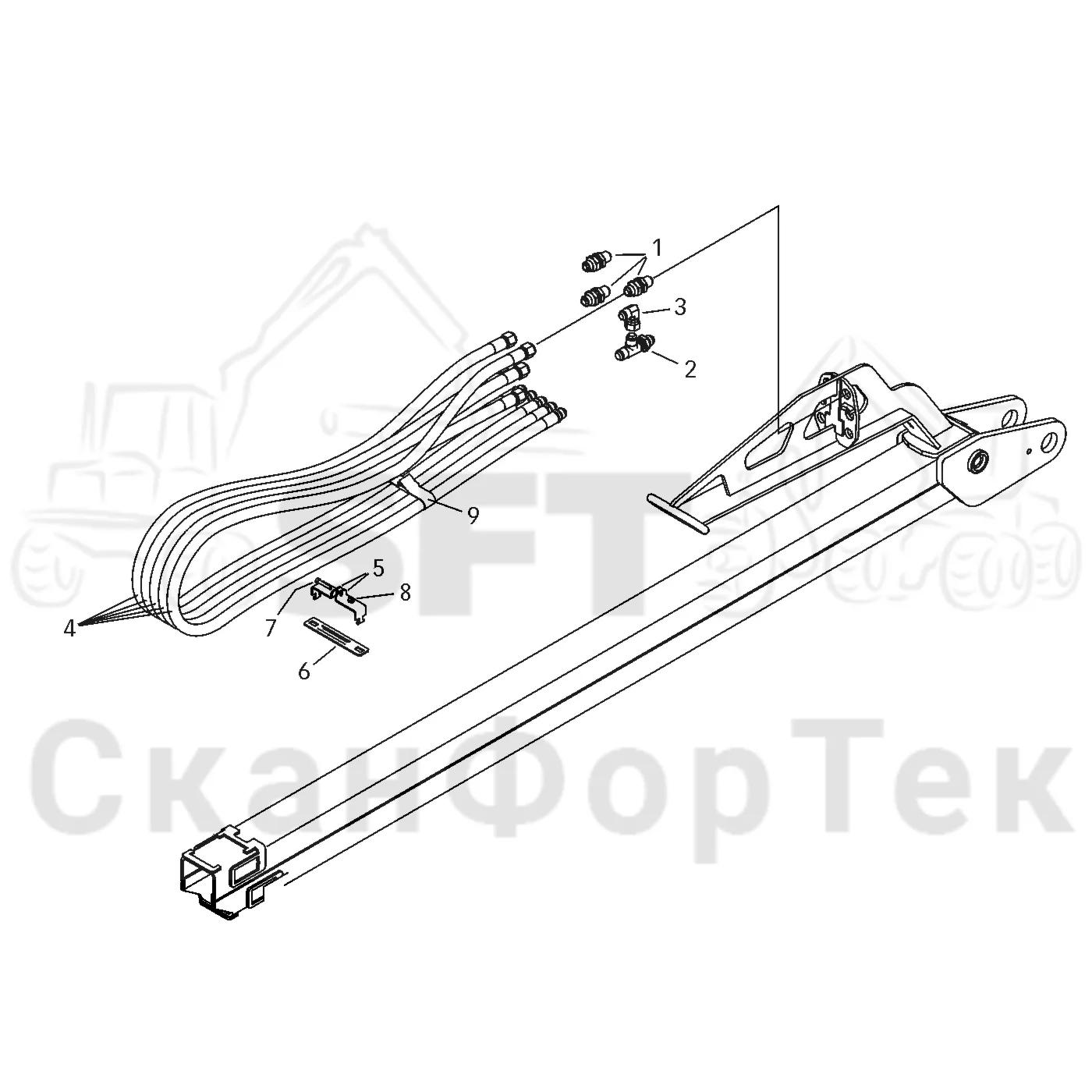 Схема: Valmet / Форвардер / Valmet 830.3 / Valmet 830.3 / Каталог запасных частей / Подъемный кран / Подъемный кран / Valmet CRF 5 Ch. V1001- / Каталог запасных частей / Удлинитель стрелы / Элементы гидравлической системы / Элементы гидравлической системы