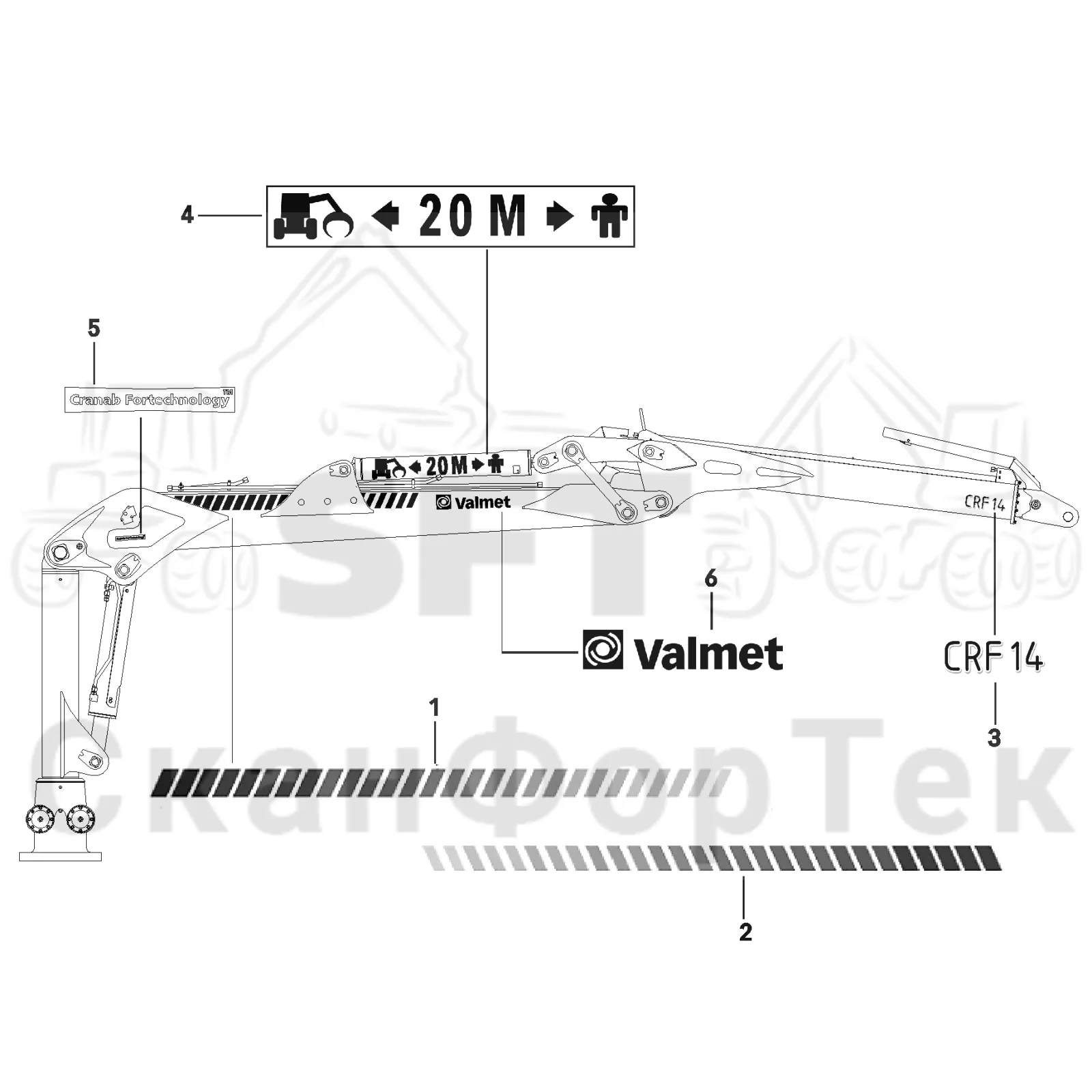 Схема: Valmet / Форвардер / Valmet 890.2 / Valmet 890.2 / Каталог запасных частей / Подъемный кран / Подъемный кран / CRF 14 Ch. -42177 / Каталог запасных частей / Вторая стрела / Бирки / Таблички / Бирки Valmet