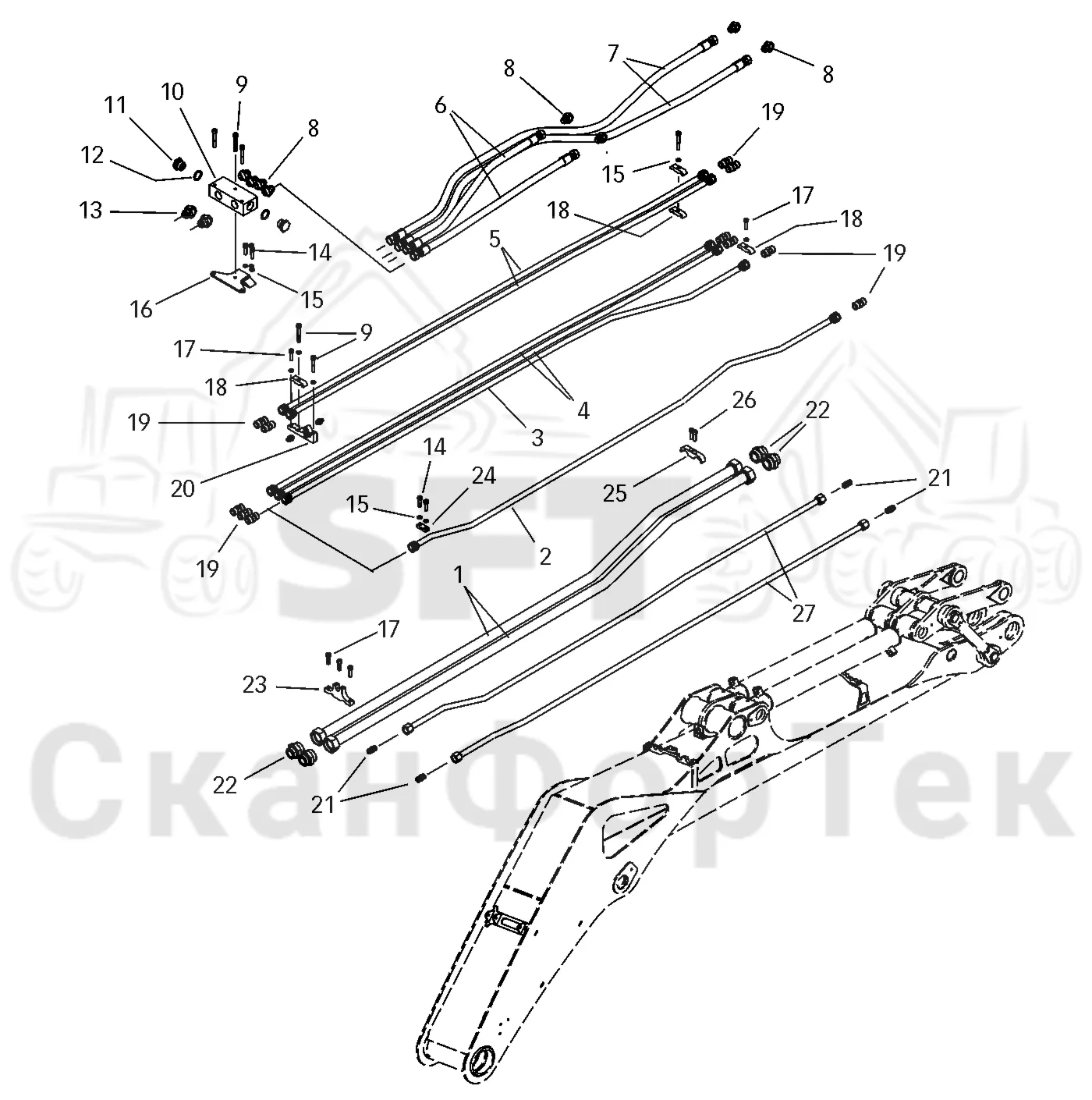Схема: Valmet / Лесозаготовительные машины / Valmet 801 c / Valmet 801c Ch 11800- / Valmet 801c Ch 11800- / Каталог запасных частей / Коробка передач / Редуктор / Комплект шестерен редуктора / CRH 24 / Первая стрела / Элементы гидравлической системы / Трубопроводы и шланги 8.0 m