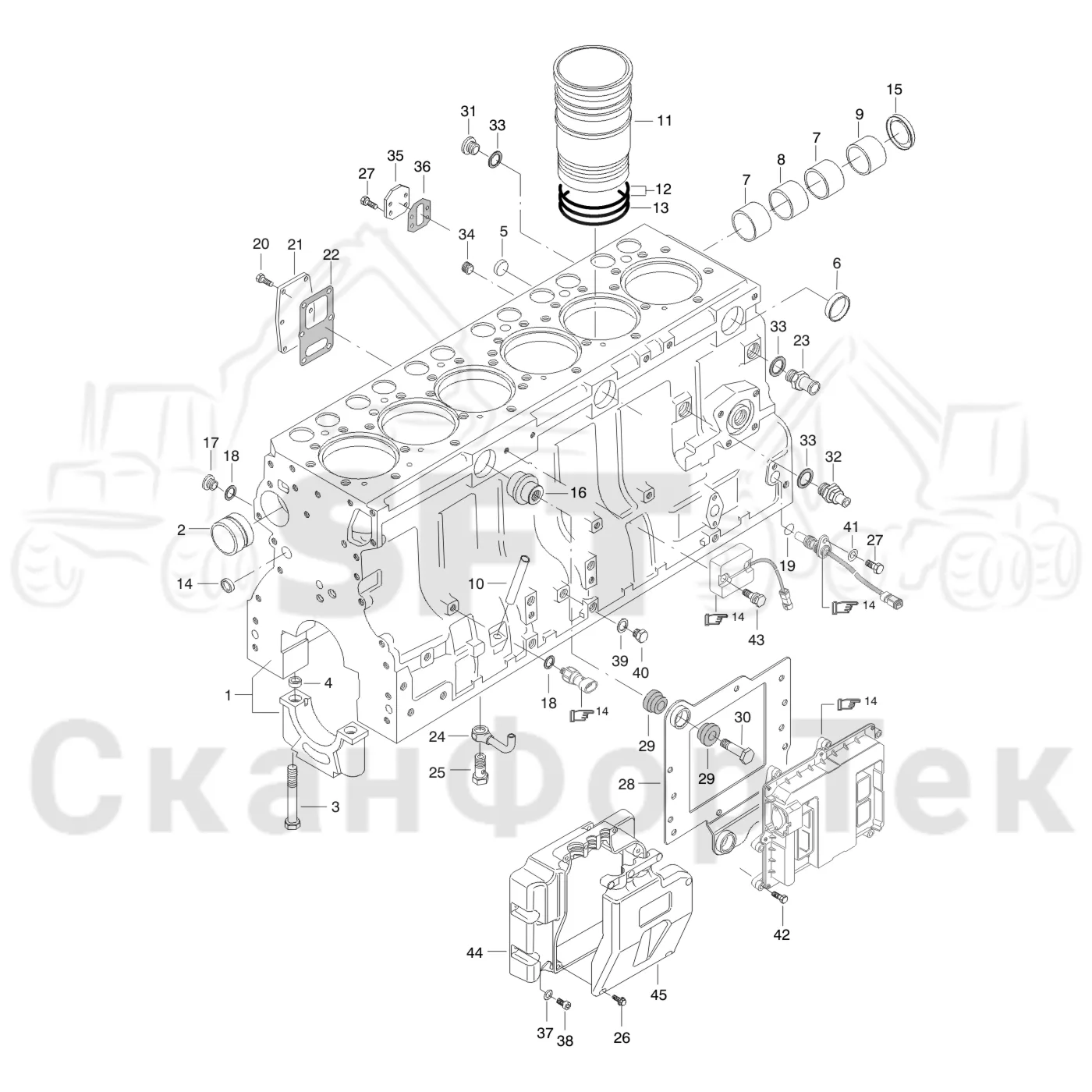 Схема: Valmet / Форвардер / Valmet 890.3 / Valmet 890.3 / Каталог запасных частей / Двигатель / Двигатель 310429- / Блок двигателя / Блок цилиндров