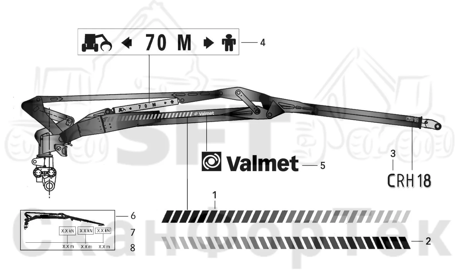 Схема: Valmet / Лесозаготовительные машины / Valmet 911.3 / Valmet 911.3 Ch - 311370 / Valmet 911.3 Ch - 311370 / Каталог запасных частей / Подъемный кран / Подъемные краны / CRH 18 / Каталог запасных частей / Вторая стрела / Стрела / Таблички/Наклейки / Бирки: Valmet