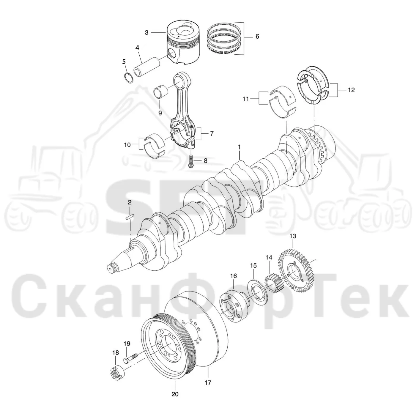 Схема: Komatsu / Лесозаготовительные машины / 911.4 / Каталог запасных частей / Двигатель / Блок двигателя / Коленвал