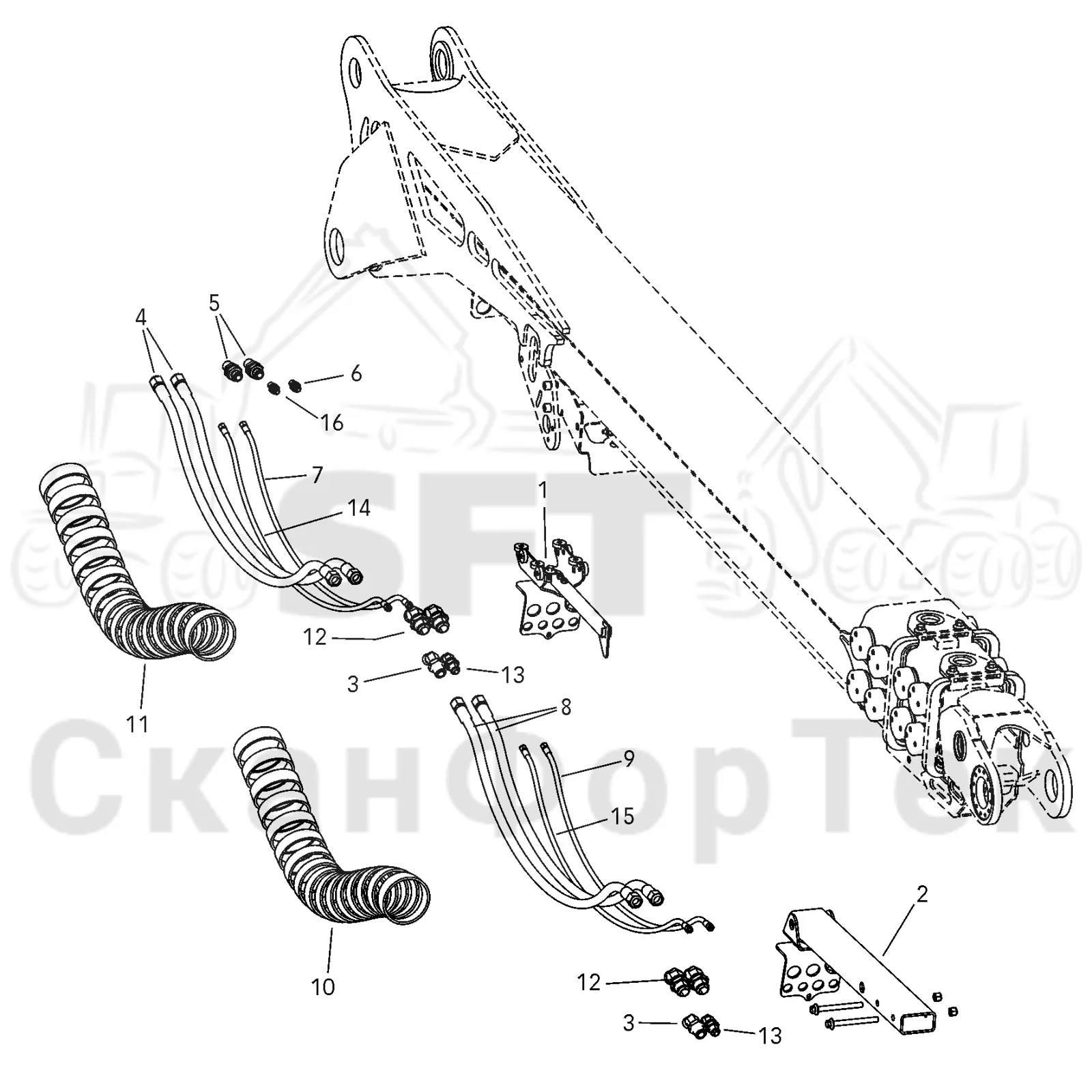 Схема: Valmet / Лесозаготовительные машины / Valmet 921 / Valmet 921 Ch 13271- / Valmet 921 Ch 13271- / Каталог запасных частей / Подъемный кран / Подъемные краны / CRH 18 / Каталог запасных частей / Вторая стрела / Стрела / Элементы гидравлической системы / Трубопроводы и шланги 10.8 м /350
