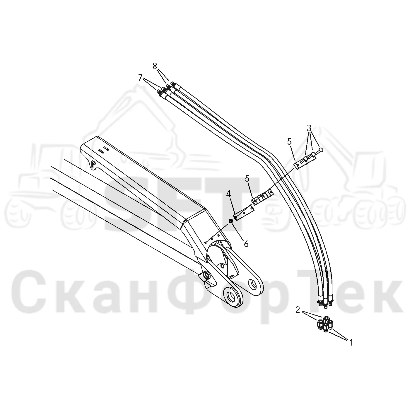 Схема: Valmet / Форвардер / Valmet 830.3 / Valmet 830.3 / Каталог запасных частей / Подъемный кран / Подъемный кран / Valmet CRF 5 Ch. V1001- / Каталог запасных частей / Удлинитель стрелы / Элементы гидравлической системы / Комплект шланга, ProTec
