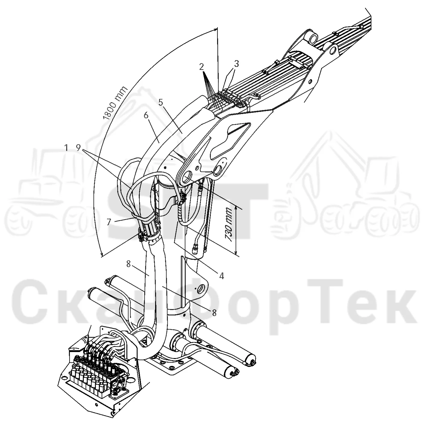 Схема: Valmet / Форвардер / Valmet 890.2 / Valmet 890.2 / Каталог запасных частей / Подъемный кран / Подъемный кран / Valmet CRF 14 Ch. V1001- / Каталог запасных частей / Гидравлическая система подачи / Комплект шланга