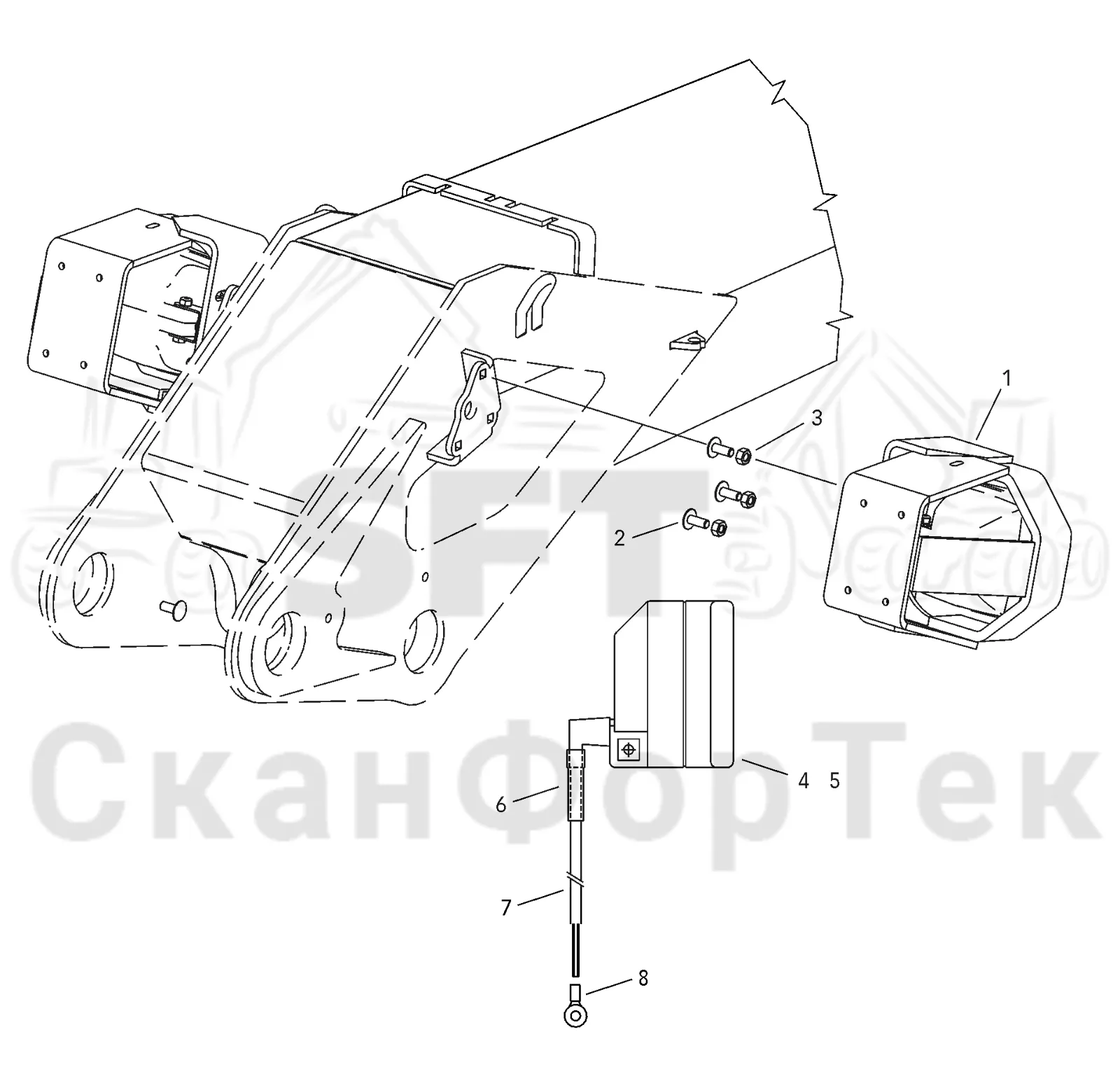 Схема: Valmet / Форвардер / Valmet 890.2 / Valmet 890.2 / Каталог запасных частей / Подъемный кран / Подъемный кран / Valmet CRF 14 Ch. V1001- / Каталог запасных частей / Первая стрела / Оборудование / Освещение