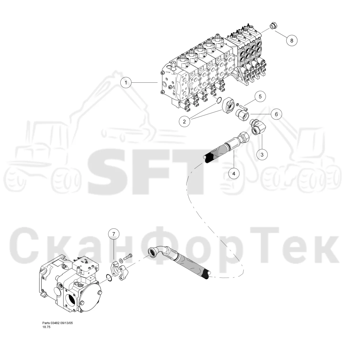 Схема: Valmet / Лесозаготовительные машины / Valmet 901TX / Valmet 901TX / Каталог запасных частей / Тормоза / Тормоза / Warratah & Logmax Processor Hydraulics / Implement Pump Pressure Line To Main Control Valve