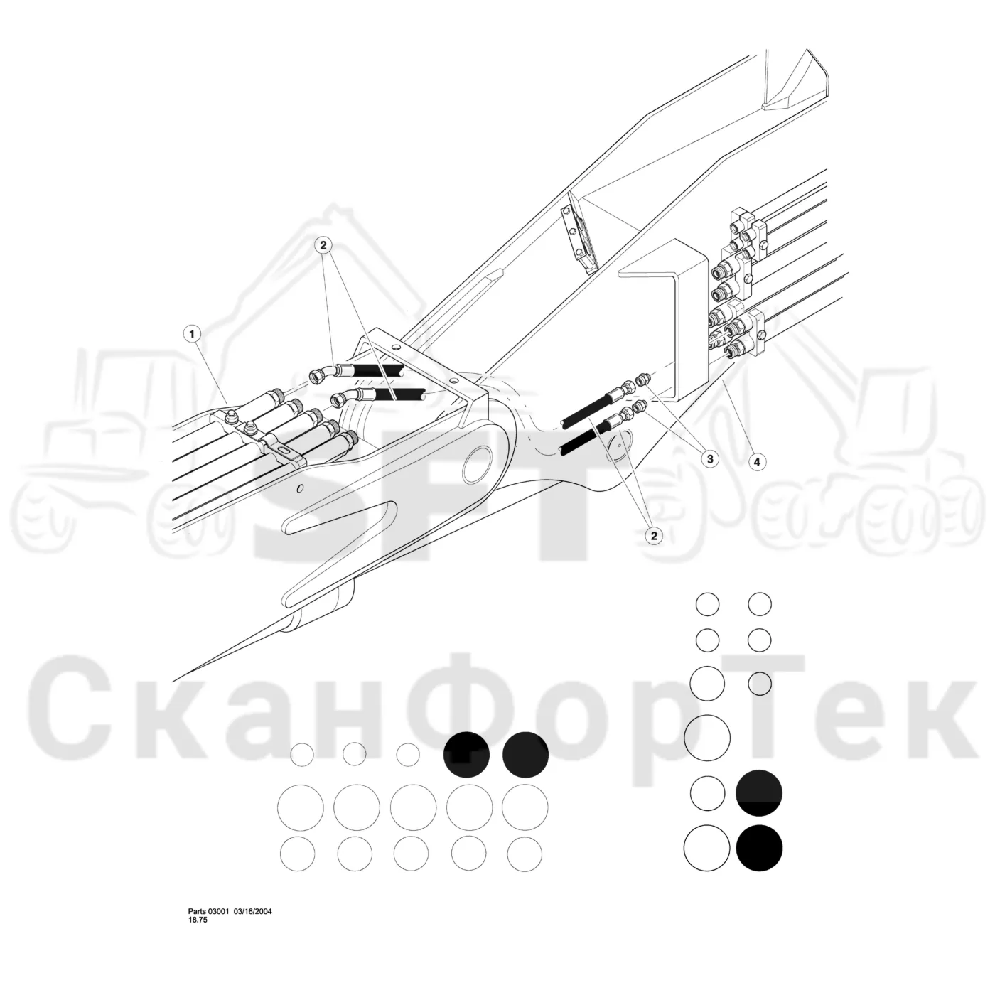 Схема: Valmet / Лесозаготовительные машины / Valmet 901TX / Valmet 901TX / Каталог запасных частей / Тормоза / Тормоза / Bar/Disc Saw Hydraulics / Pressure & Return Lines to Attachment / Main Boom to Stick Boom - (Disc Saw)