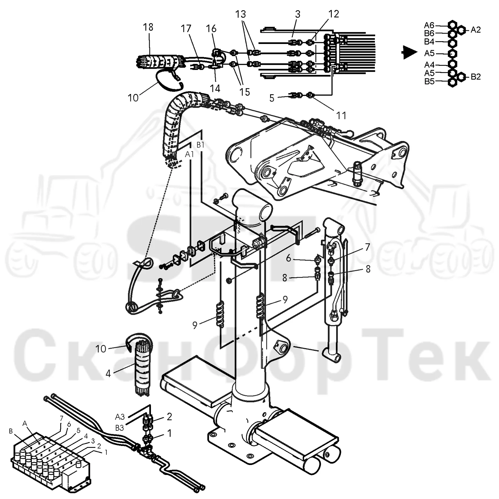 Схема: Valmet / Форвардер / Valmet 830.1 / Valmet 830.1 / Каталог запасных частей / Подъемный кран / Подъемный кран / Valmet CRF 5 Ch. V1001- / Каталог запасных частей / Гидравлическая система подачи / Элементы гидравлической системы / Комплект шланга