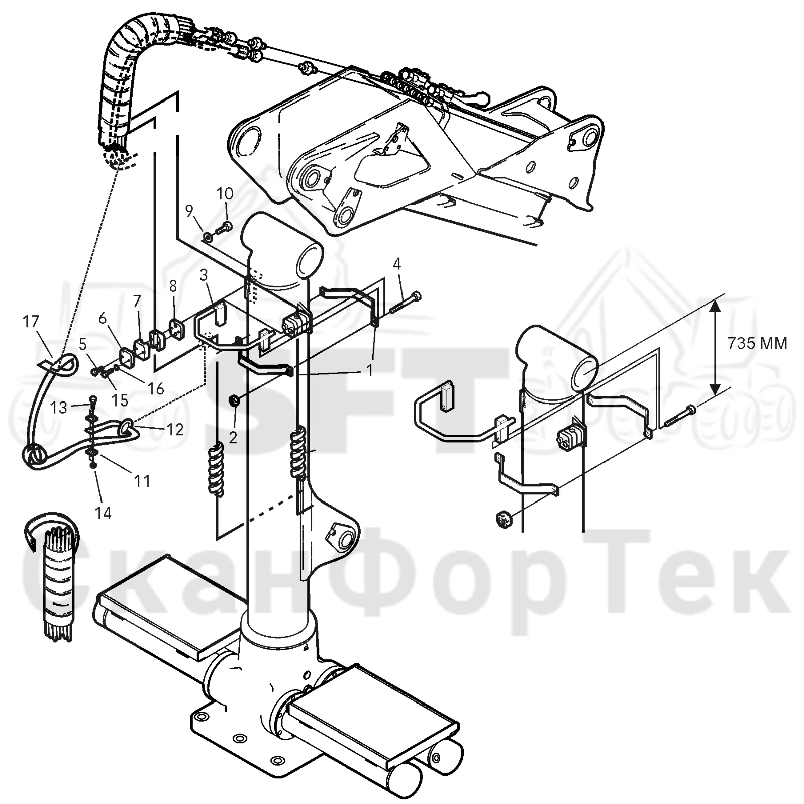 Схема: Valmet / Форвардер / Valmet 830.3 / Valmet 830.3 / Каталог запасных частей / Подъемный кран / Подъемный кран / Valmet CRF 5 Ch. V1001- / Каталог запасных частей / Гидравлическая система подачи / Элементы гидравлической системы / Держатель шланга