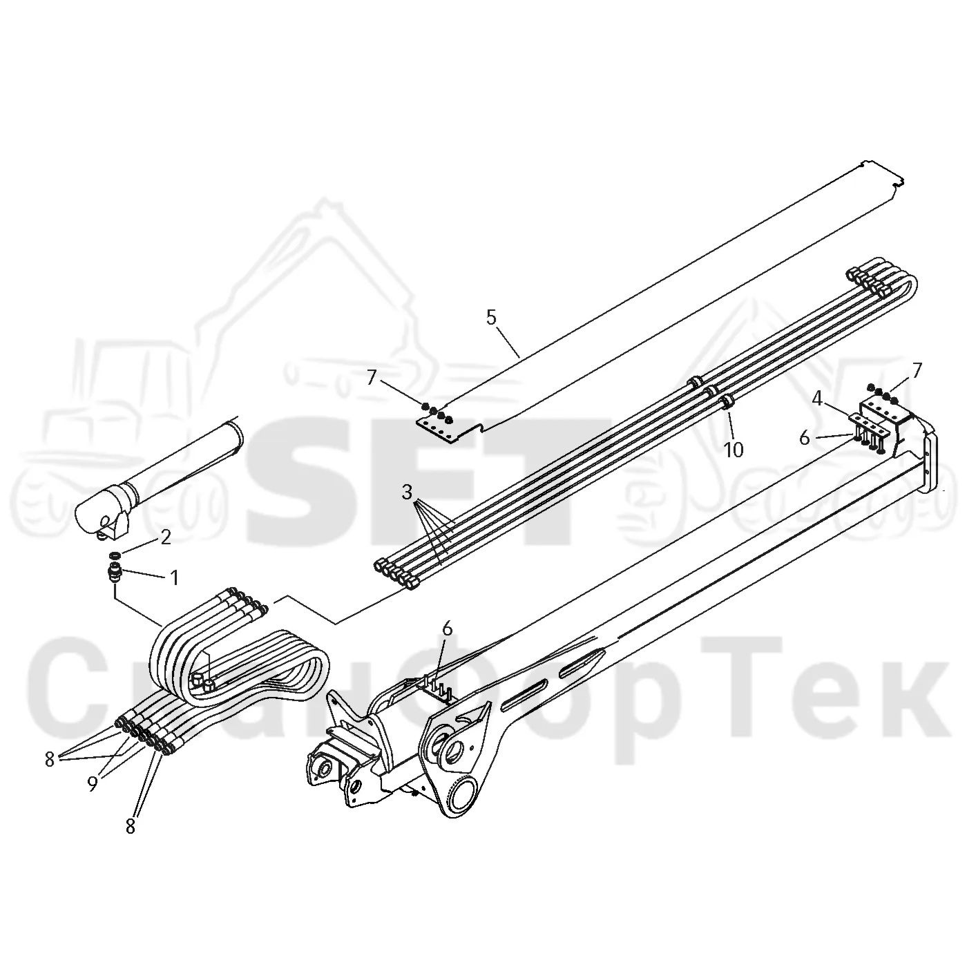 Схема: Valmet / Форвардер / Valmet 830.1 / Valmet 830.1 / Каталог запасных частей / Подъемный кран / Подъемный кран / Valmet CRF 5 Ch. V1001- / Каталог запасных частей / Вторая стрела / Элементы гидравлической системы / Трубы и шланги
