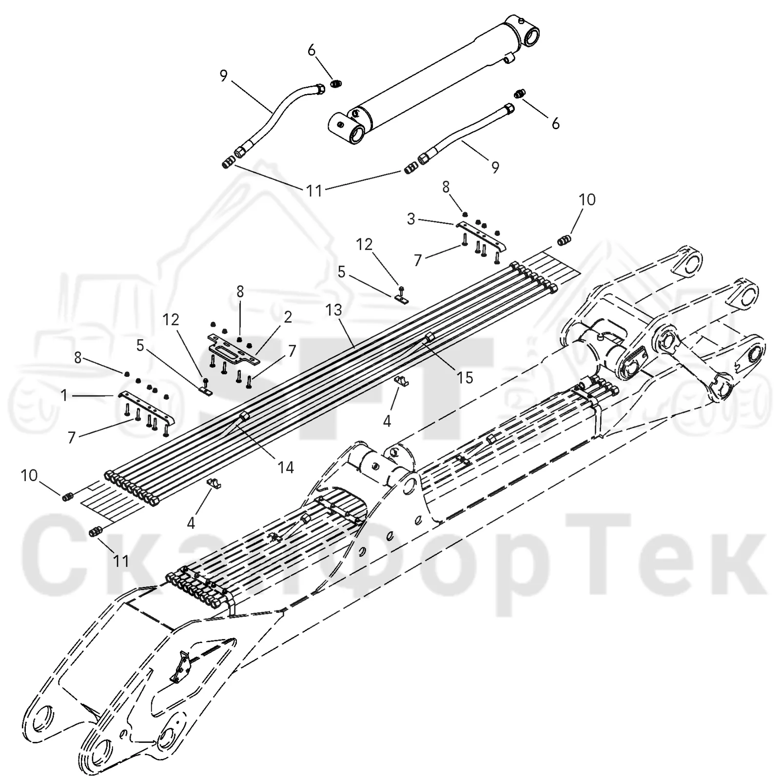 Схема: Valmet / Форвардер / Valmet 890.2 / Valmet 890.2 / Каталог запасных частей / Подъемный кран / Подъемный кран / CRF 14 Ch. -42177 / Каталог запасных частей / Первая стрела / Элементы гидравлической системы / Трубы и шланги