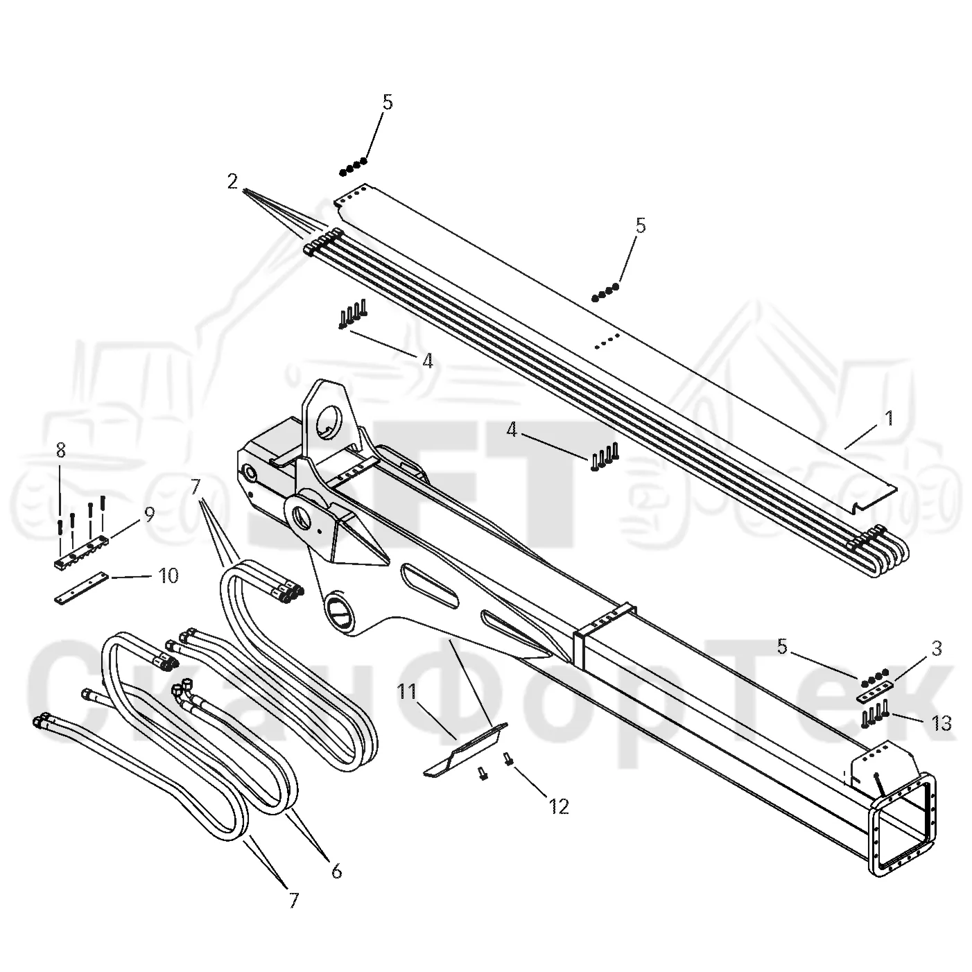 Схема: Valmet / Форвардер / Valmet 890.2 / Valmet 890.2 / Каталог запасных частей / Подъемный кран / Подъемный кран / CRF 14  Ch. -42177 / Каталог запасных частей / Вторая стрела / Элементы гидравлической системы / Трубы и шланги