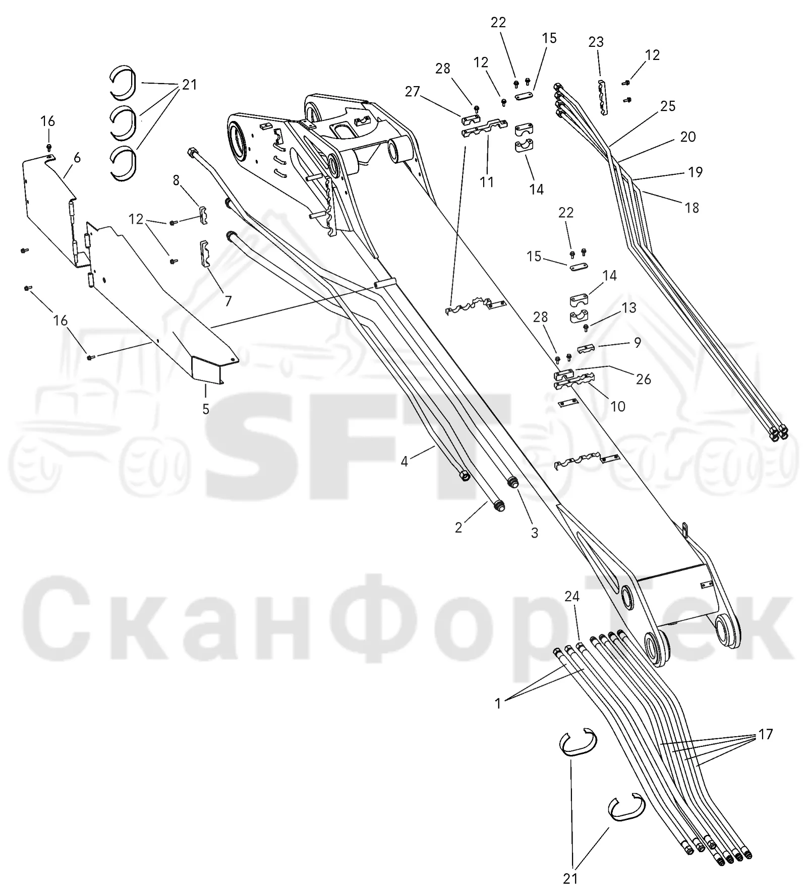 Схема: Valmet / Лесозаготовительные машины / Valmet 901.1 / Valmet 901.1 / Каталог запасных частей / Подъемный кран / Подъемные краны / CRH 12 / Каталог запасных частей / Первая стрела / Элементы гидравлической системы / Main boom. Hydraulics type 2