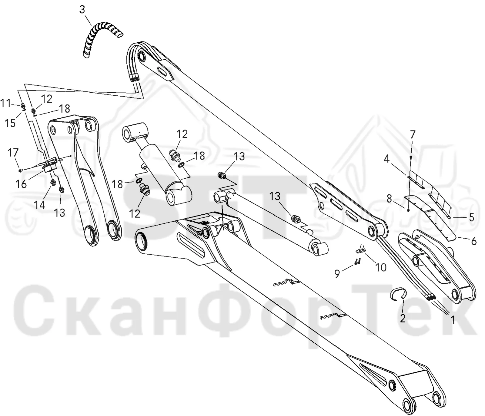 Схема: Valmet / Лесозаготовительные машины / Valmet 921 / Valmet 921 Ch -13270 / Valmet 921 Ch -13270 / Каталог запасных частей / Подъемный кран / Подъемные краны / CRH 16 / Каталог запасных частей / Первая стрела / Элементы гидравлической системы / Параллельная стрела. Гидравлическая система Valmet