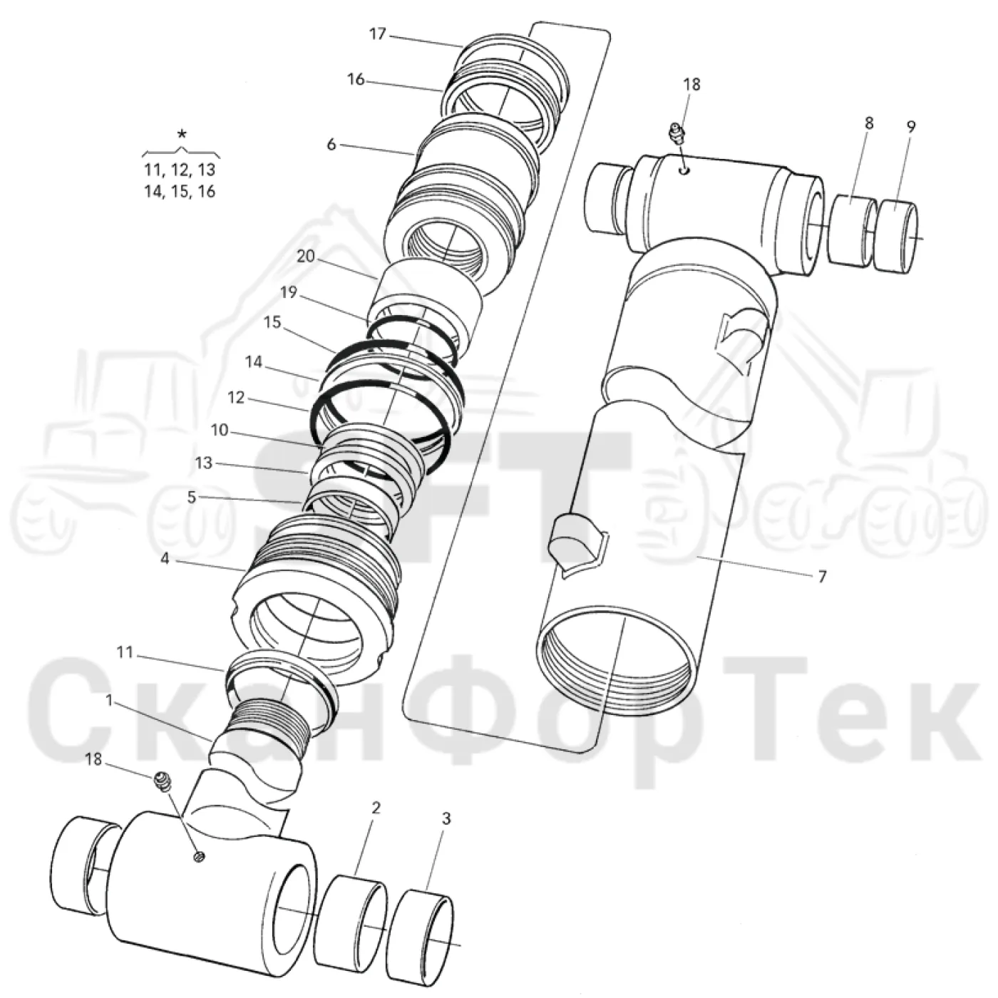 Схема: Valmet / Форвардер / Valmet 890.3 / Valmet 890.3 / Каталог запасных частей / Оборудование захвата / Захват / Valmet 901.2 Ch. -211060 / Каталог запасных частей / Подъемный кран / Подъемные краны / CRH 14 / Каталог запасных частей / CRH 14 / Первая стрела / Цилиндр / c
