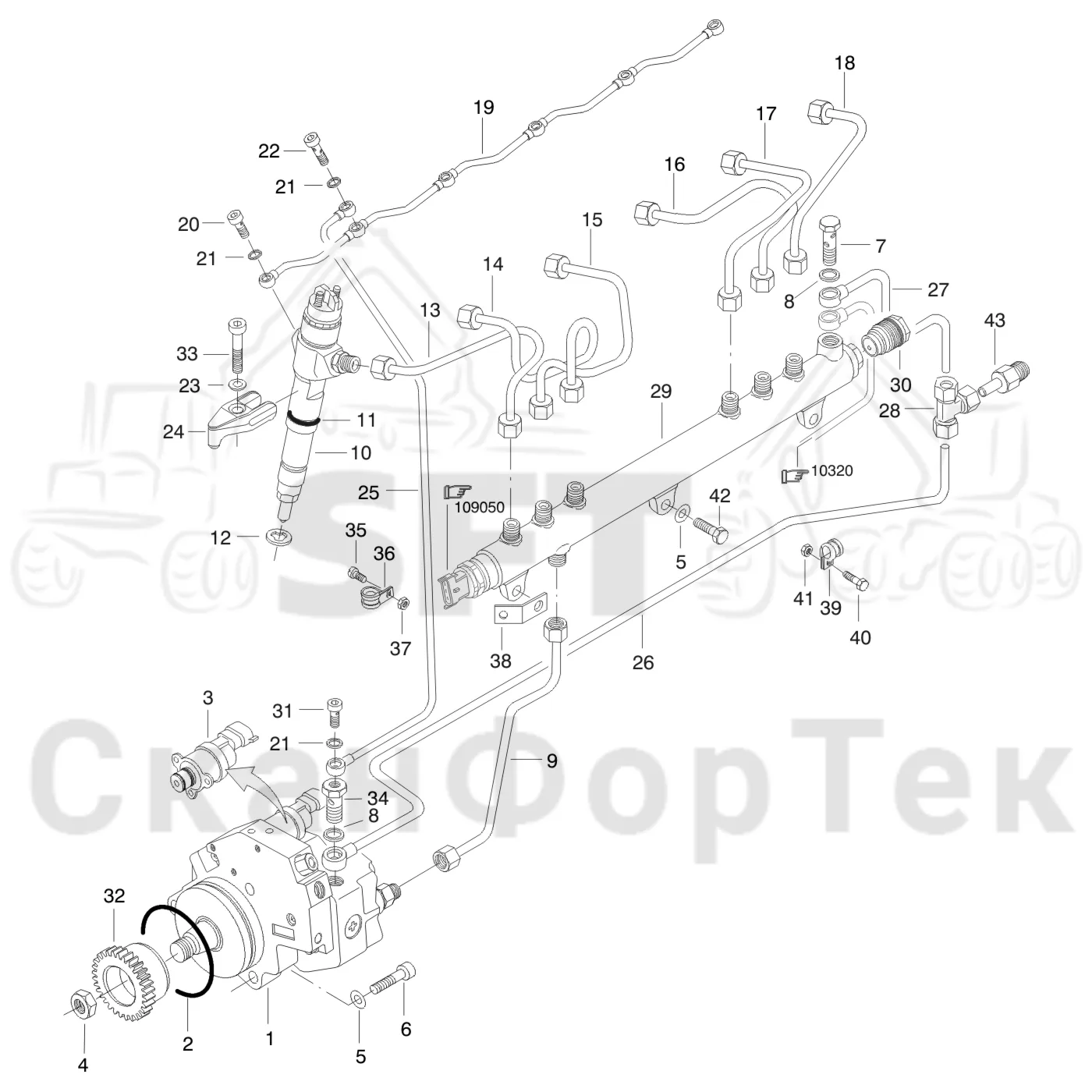 Схема: Valmet / Форвардер / Valmet 890.3 / Valmet 890.3 / Каталог запасных частей / Двигатель / Двигатель 310429- / Топливная система / Топливная система / Инжекторный насос