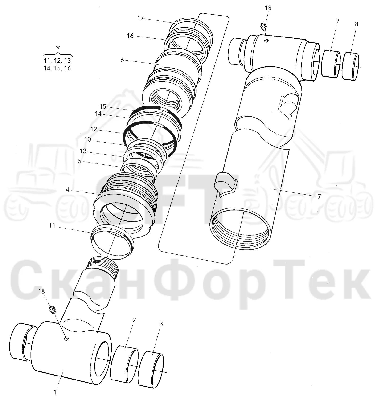 Схема: Valmet / Лесозаготовительные машины / Valmet 901.1 / Valmet 901.1 / Каталог запасных частей / Подъемный кран / Подъемные краны / CRH 12 / Каталог запасных частей / Вторая стрела / Цилиндр / Parallel cylinder Ш 100