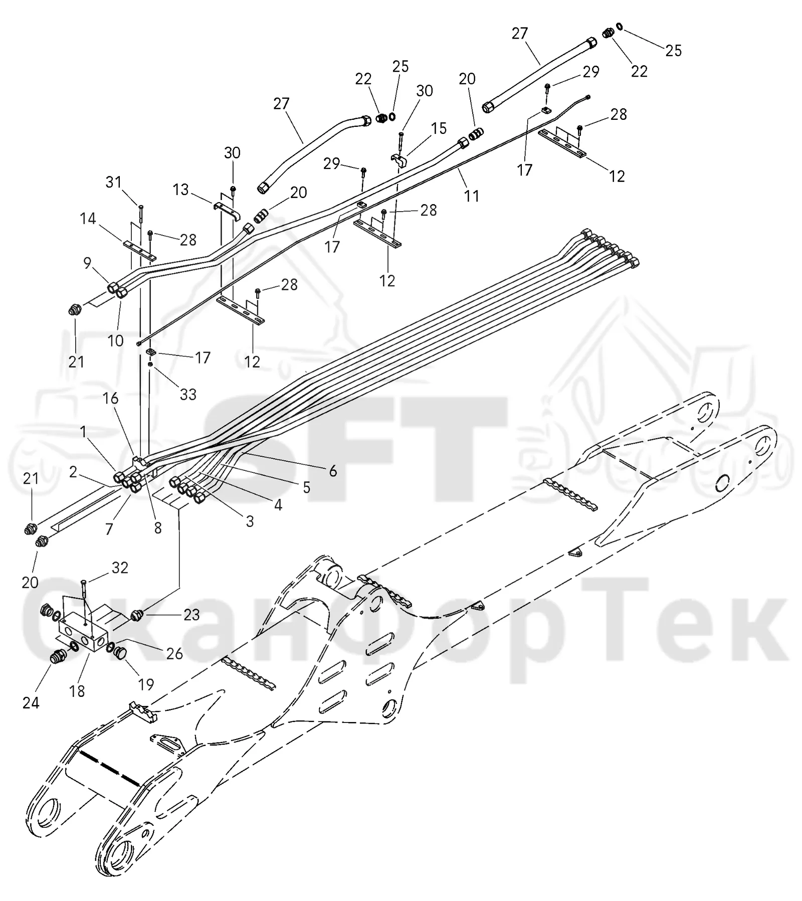 Схема: Valmet / Форвардер / Valmet 840.1 / Valmet 840.1 / Каталог запасных частей / Оборудование захвата / Захват / Valmet 801c Ch -11730 / Каталог запасных частей / Подъемный кран / Подъемные краны / CRC 15 / Каталог запасных частей / Первая стрела / Элементы гидравлической системы / Основная стрела. Гидравлика