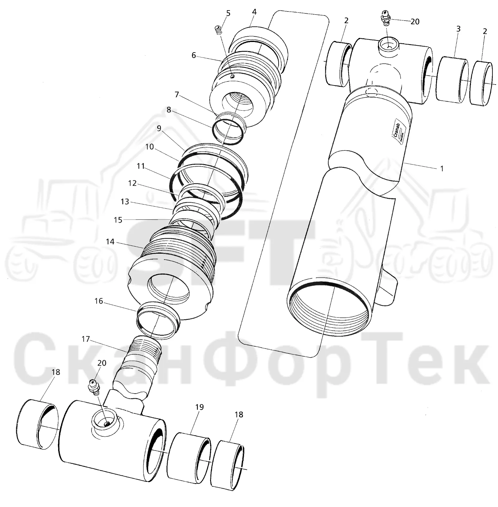 Схема: Valmet / Форвардер / Valmet 840.1 / Valmet 840.1 / Каталог запасных частей / Оборудование захвата / Захват / Valmet 801c Ch -11730 / Каталог запасных частей / Подъемный кран / Подъемные краны / CRC 15 / Каталог запасных частей / Вторая стрела / Цилиндр / Цилиндр внешней стрелы