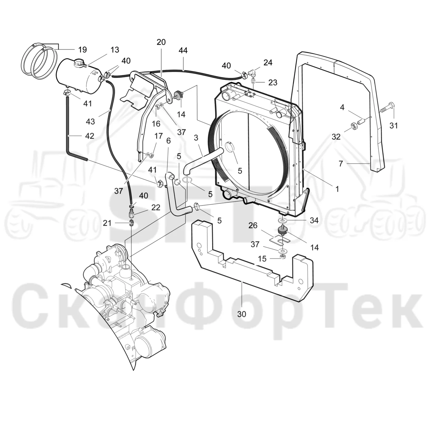 Схема: Valmet / Лесозаготовительные машины / Valmet 911.3 / Valmet 911.3  Ch 311371- / Valmet 911.3  Ch 311372- / Каталог запасных частей / Двигатель / Двигатель  311756- / Система охлаждения / Система охлаждения двигателя