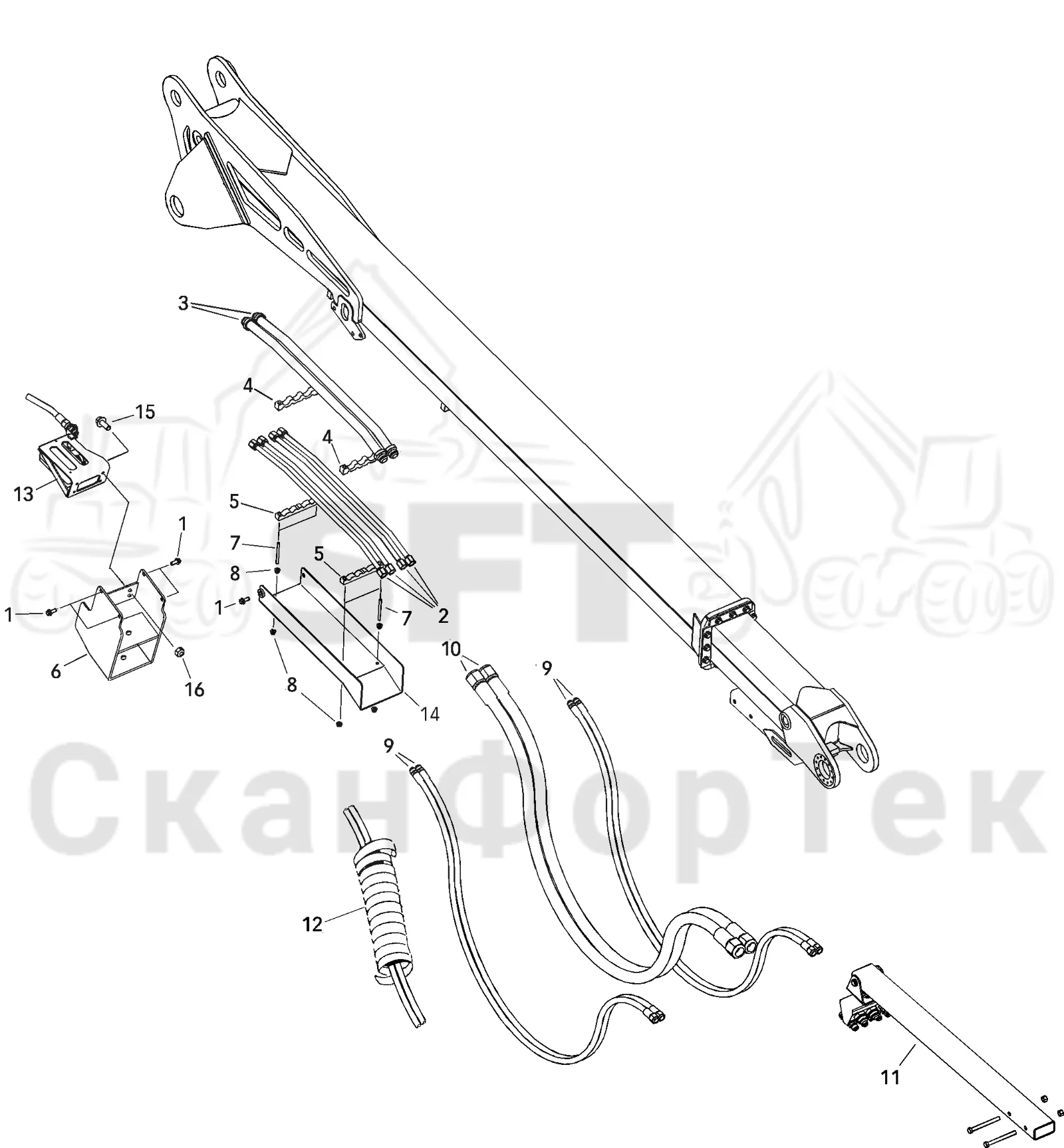 Схема: Valmet / Лесозаготовительные машины / Valmet 921 / Valmet 921 Ch -13270 / Valmet 921 Ch -13270 / Каталог запасных частей / Подъемный кран / Подъемные краны / CRH 16 / Каталог запасных частей / Вторая стрела / Элементы гидравлической системы / Трубопроводы и шланги 9,8 м Valmet